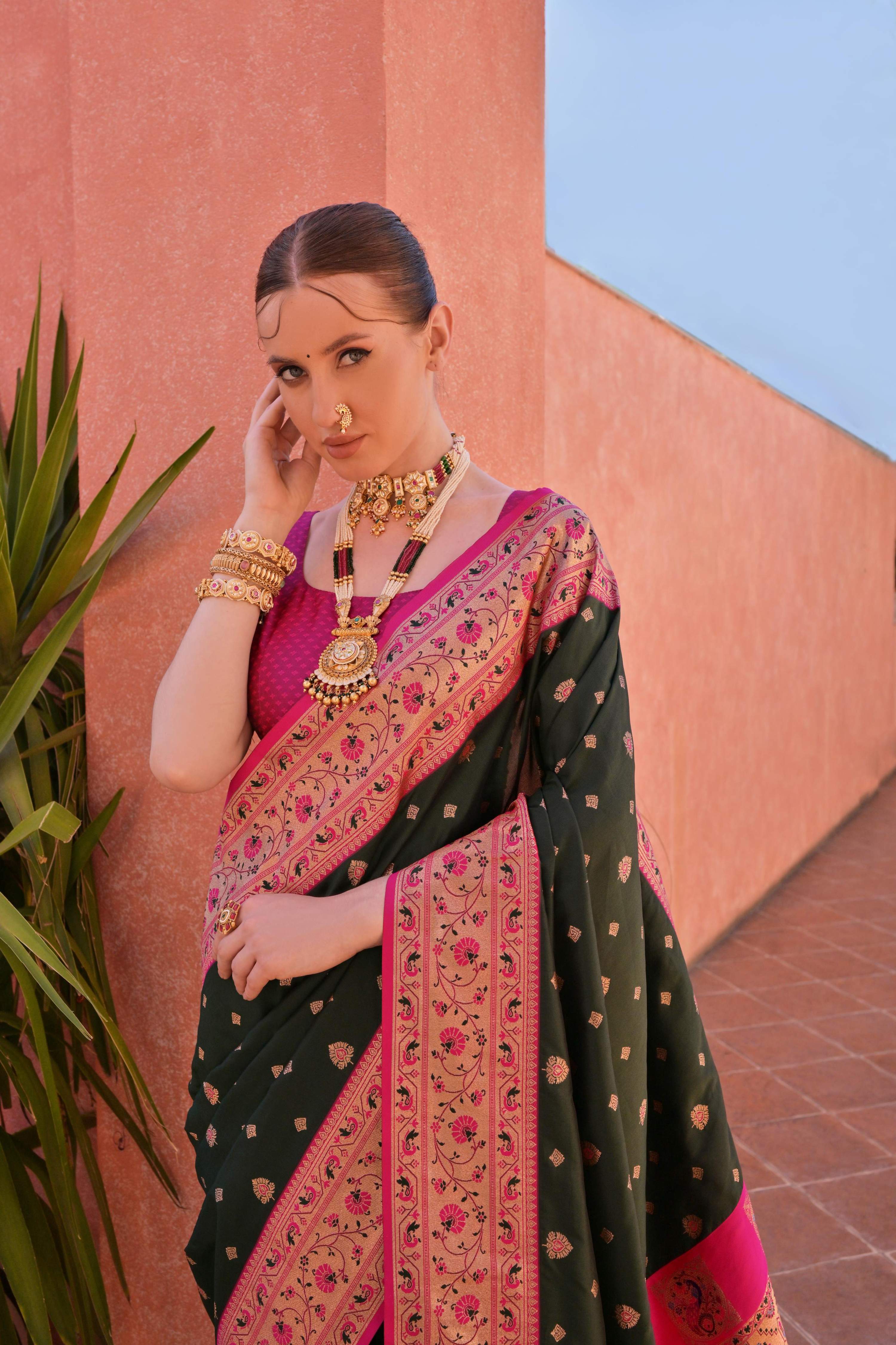 Bottle Green Paithani Silk Saree with Zari Woven Border & Blouse