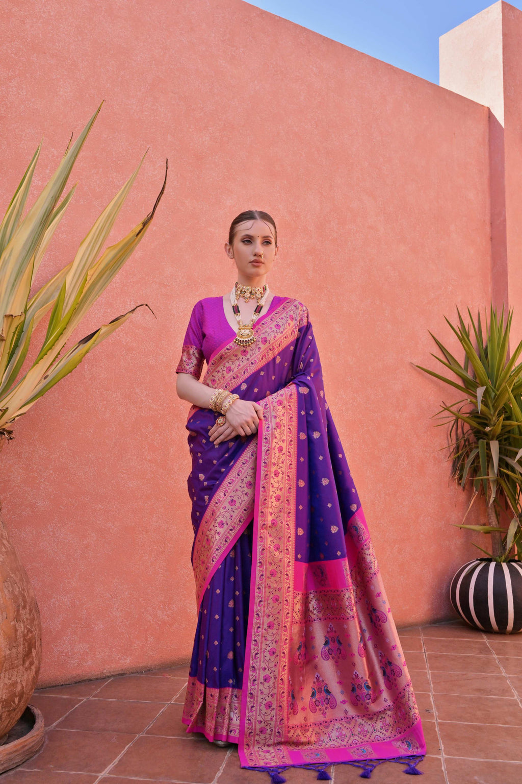 Royal blue Paithani-style silk saree with gold zari woven detailing