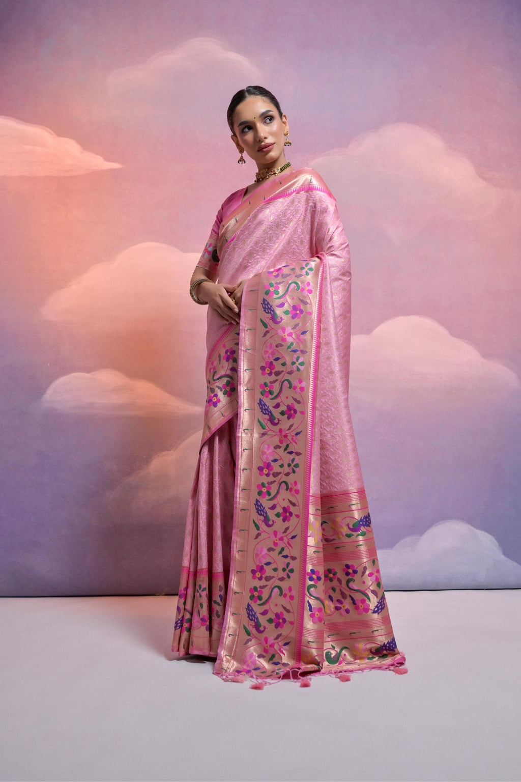 Baby Pink Paithani Silk Saree with Zari Weave & Unstitched Blouse