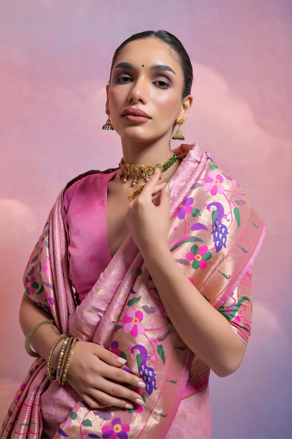 Baby Pink Paithani Silk Saree with Zari Weave & Unstitched Blouse