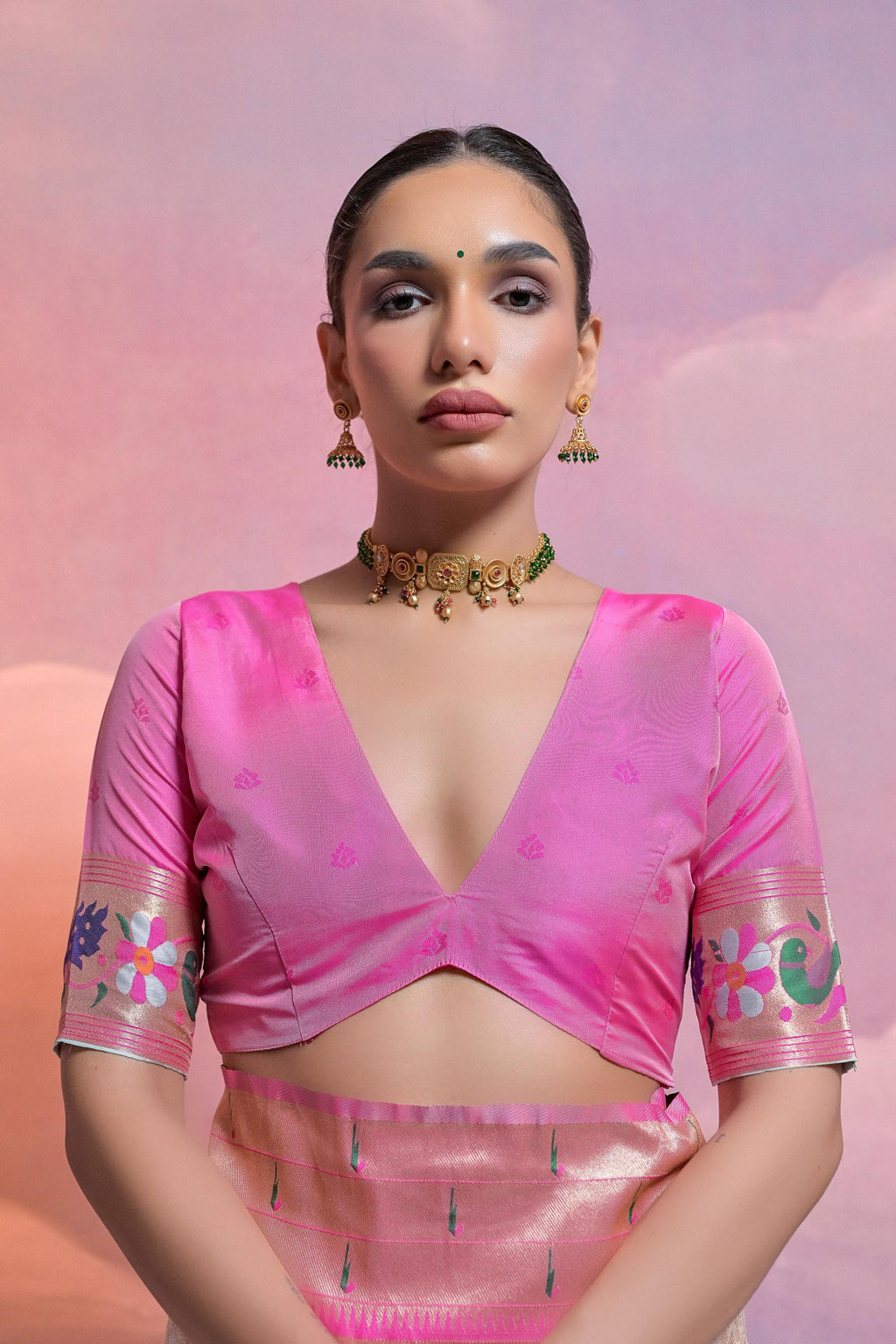 Baby Pink Paithani Silk Saree with Zari Weave & Unstitched Blouse