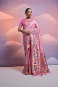 Beautiful baby pink Banarasi silk saree with gold zari woven texture and unstitched blouse piece