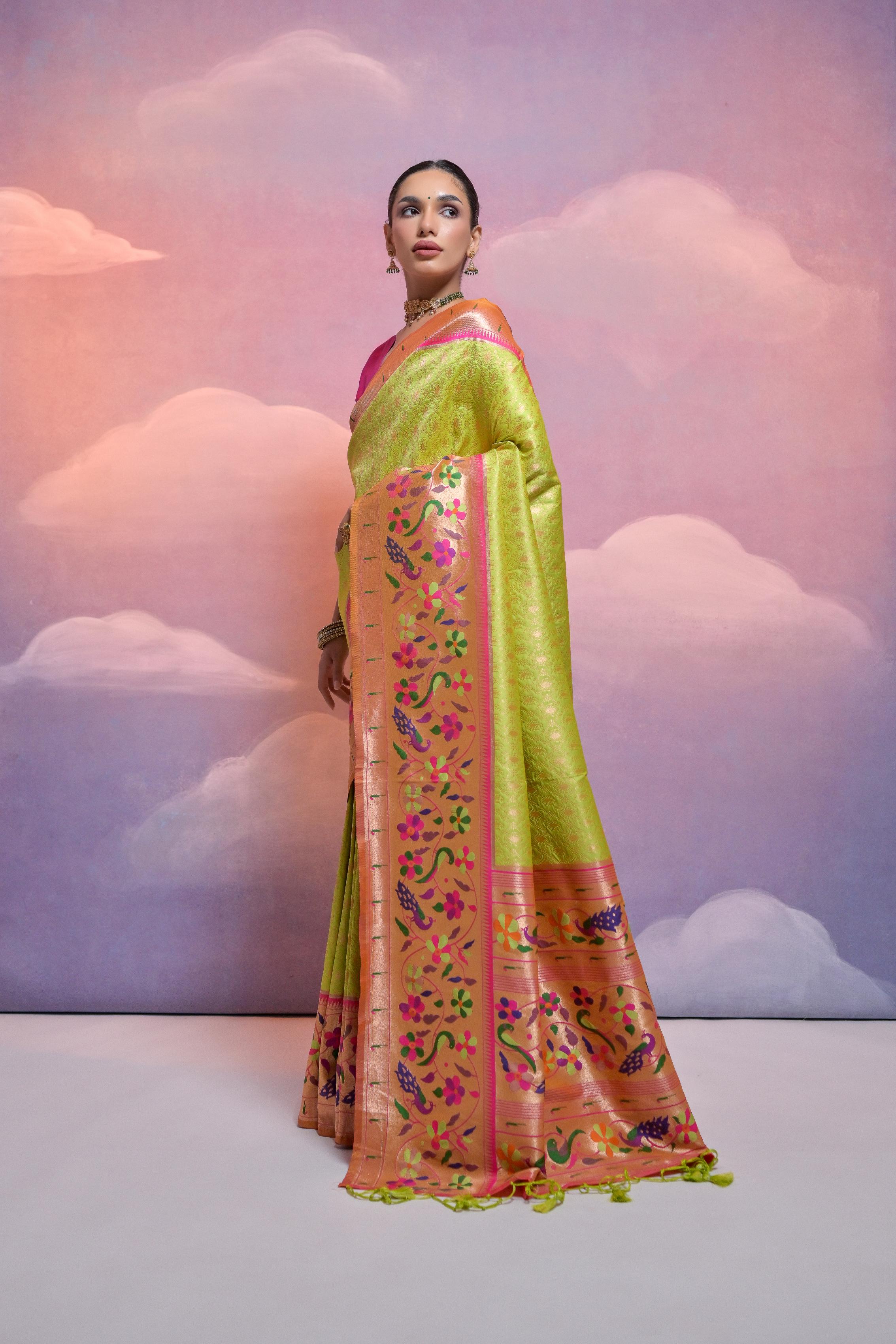 Parrot Green Paithani Silk Saree with Zari Weaving and Blouse