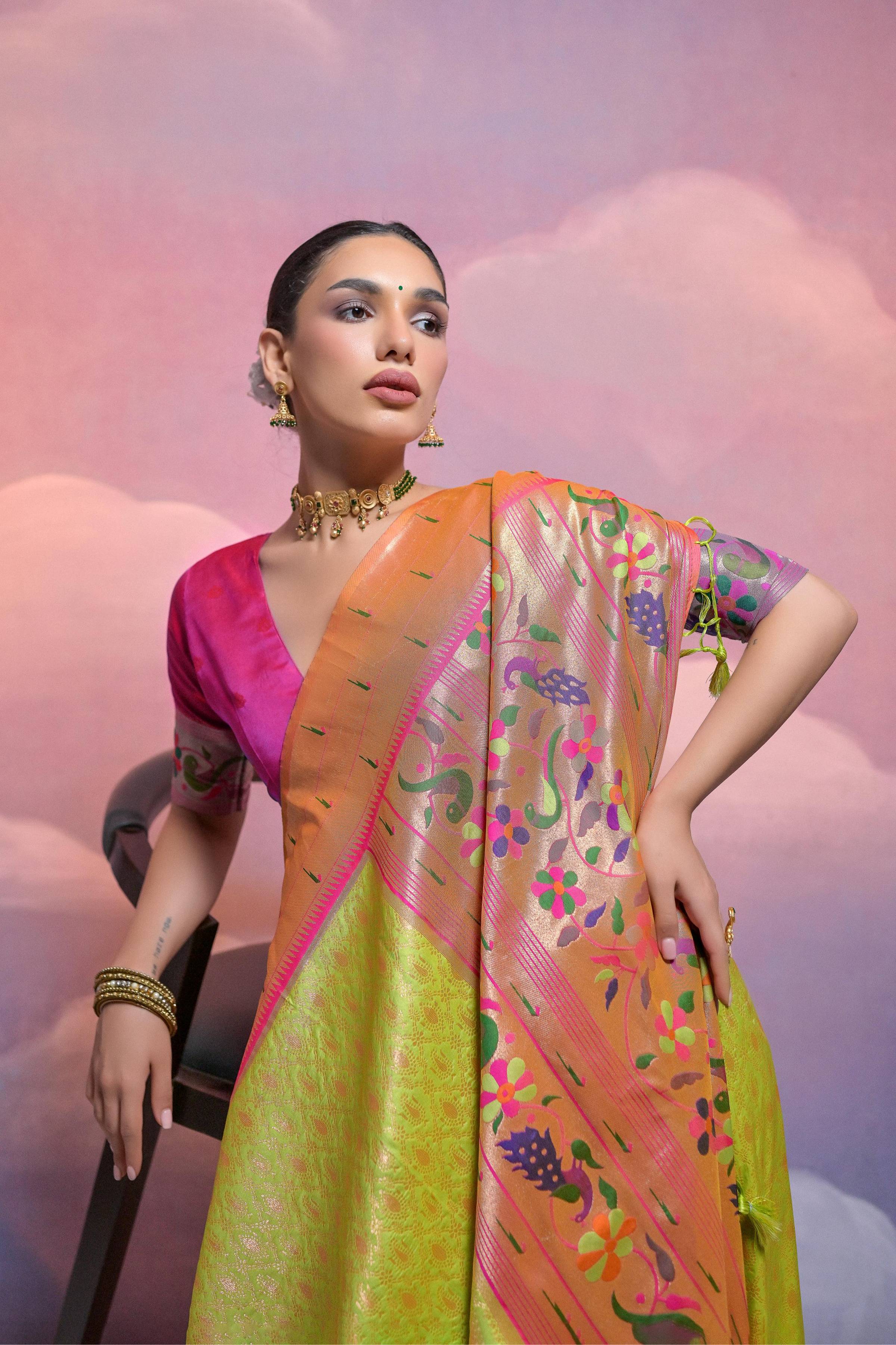 Parrot Green Paithani Silk Saree with Zari Weaving and Blouse