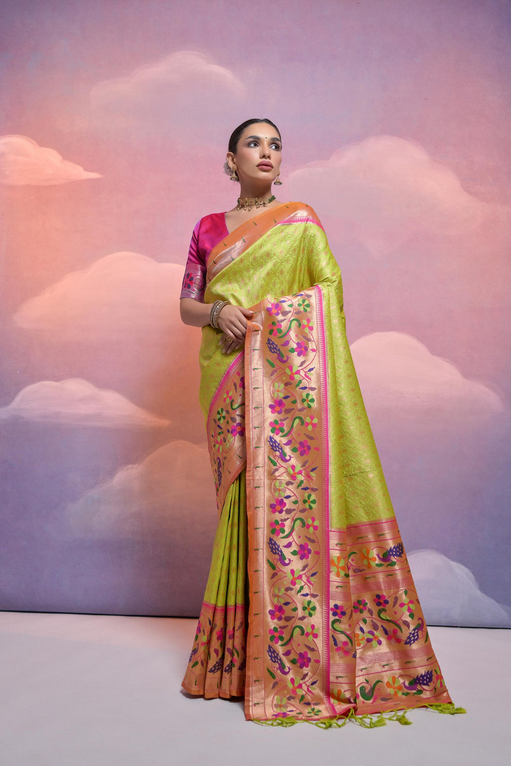 Parrot Green Paithani Silk saree with gold Zari weaving detail and unstitched blouse