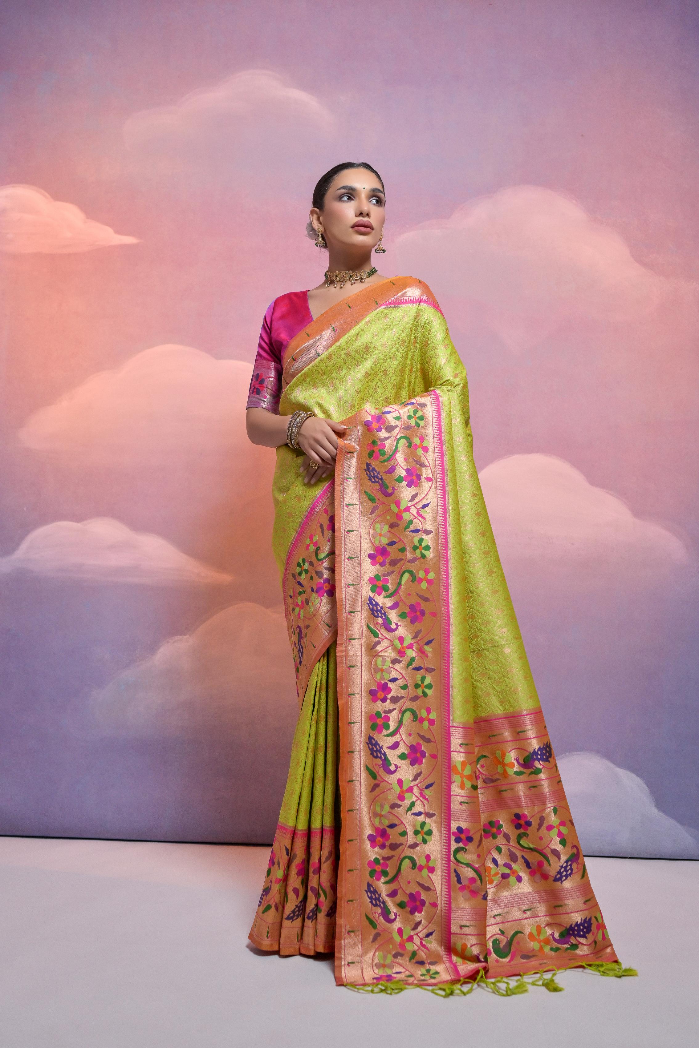 Parrot Green Paithani Silk saree with gold Zari weaving detail and unstitched blouse