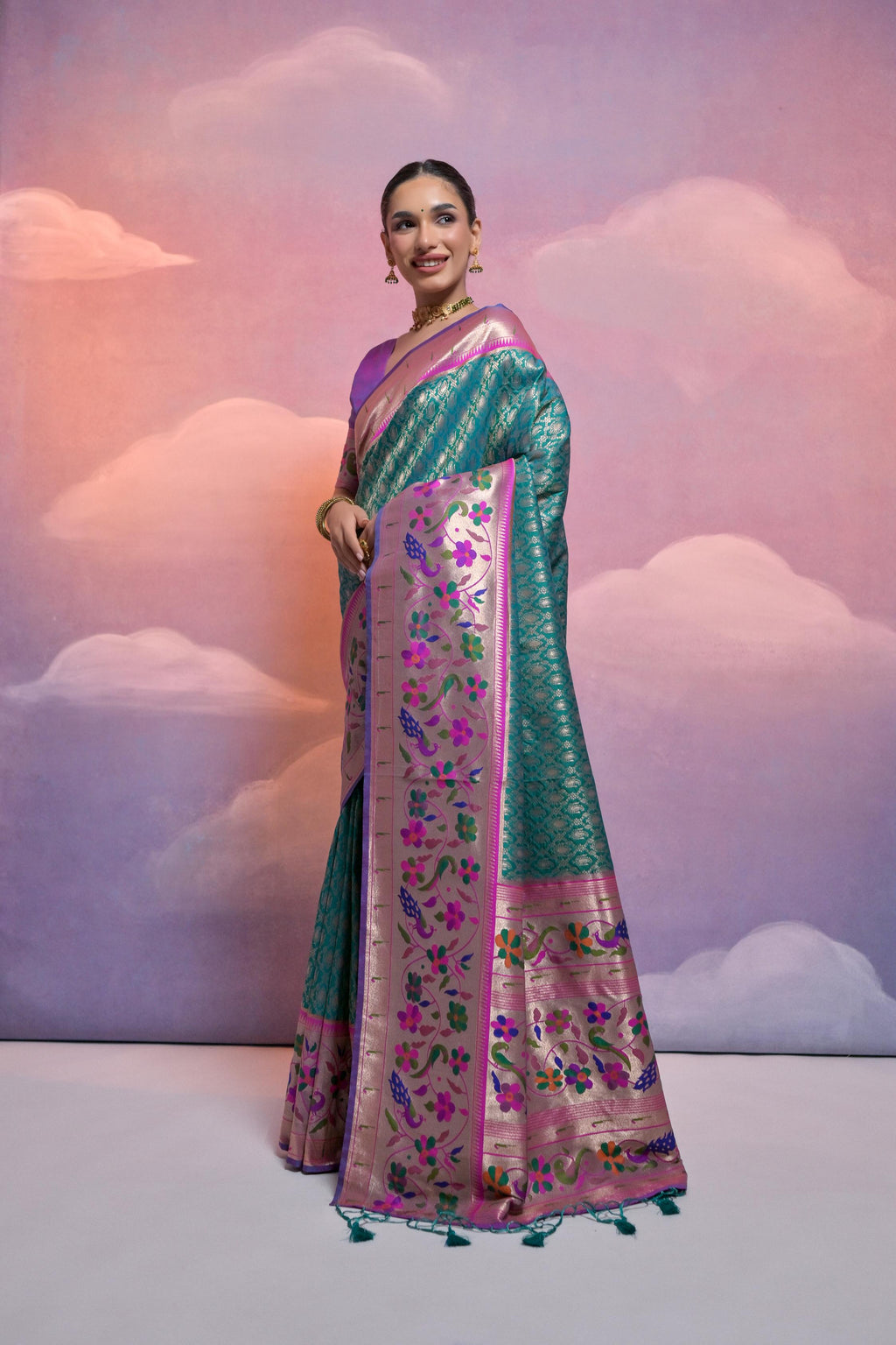 Rama Paithani Silk Saree with Kanjivaram Zari Weaving