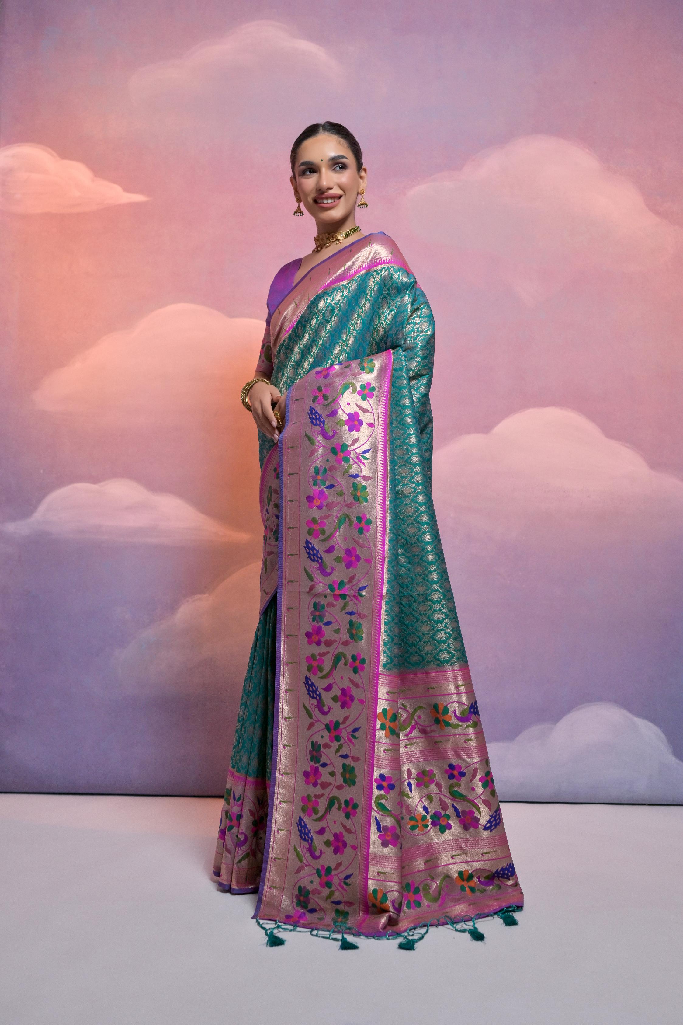 Rama Paithani Silk Saree with Kanjivaram Zari Weaving