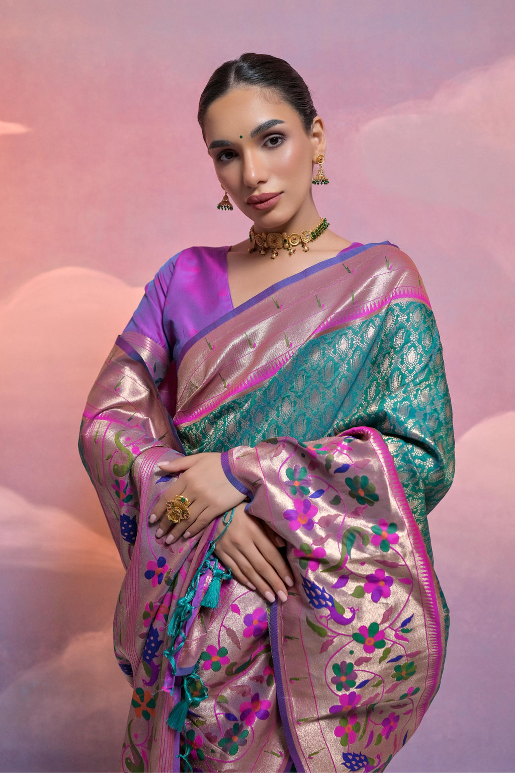 Rama Paithani Silk Saree with Kanjivaram Zari Weaving
