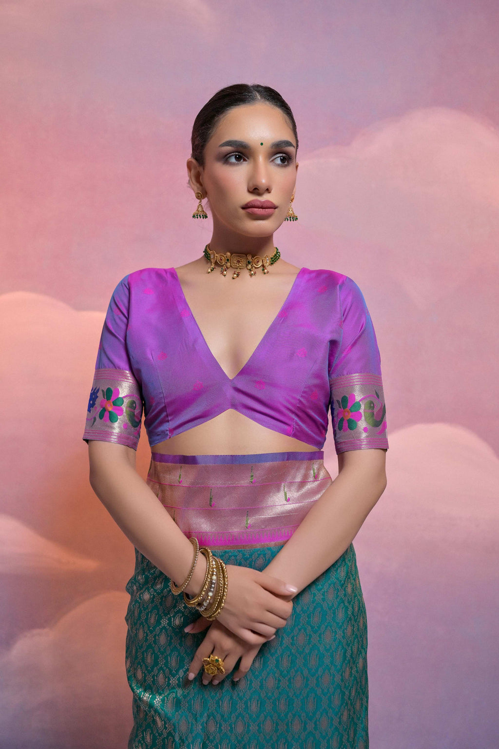 Rama Paithani Silk Saree with Kanjivaram Zari Weaving