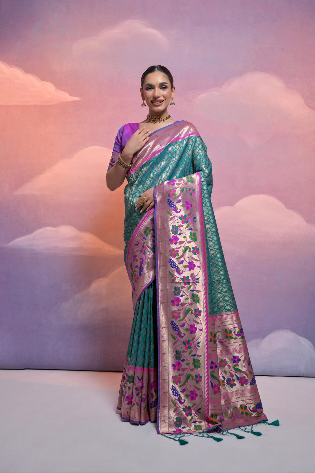 Rama colored silk saree with heavy Zari Kanjivaram weaving and matching blouse