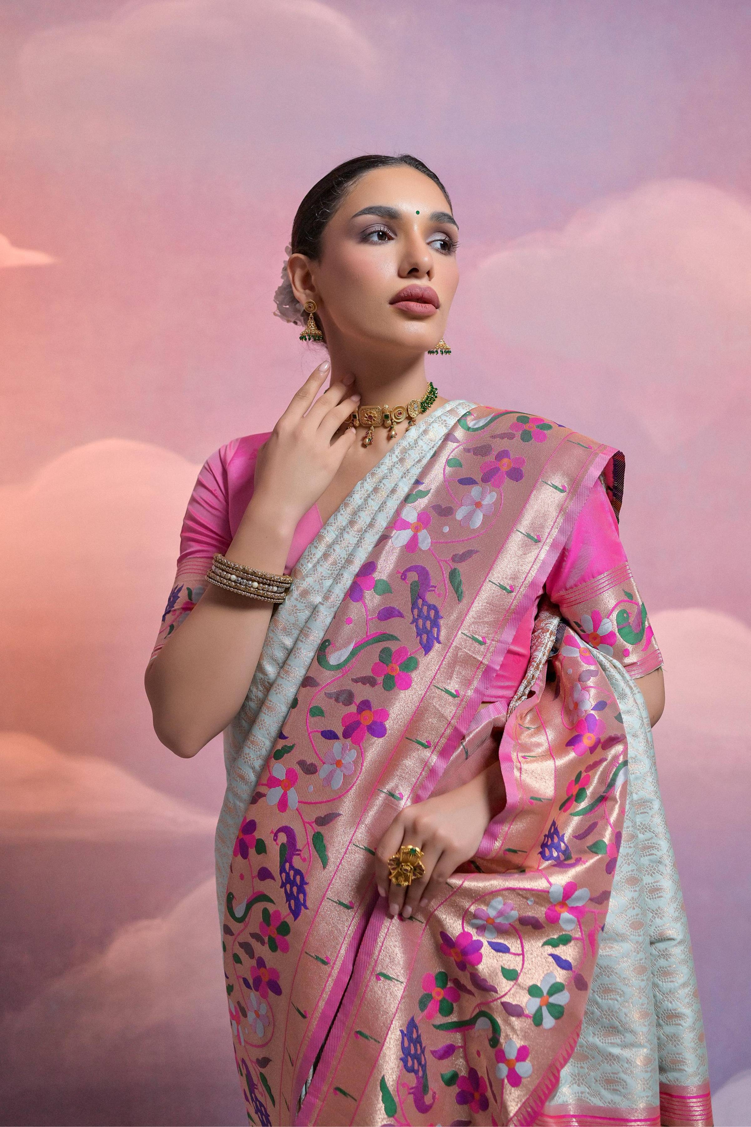 Sea Green Paithani Silk Zari Woven Saree with Blouse Piece