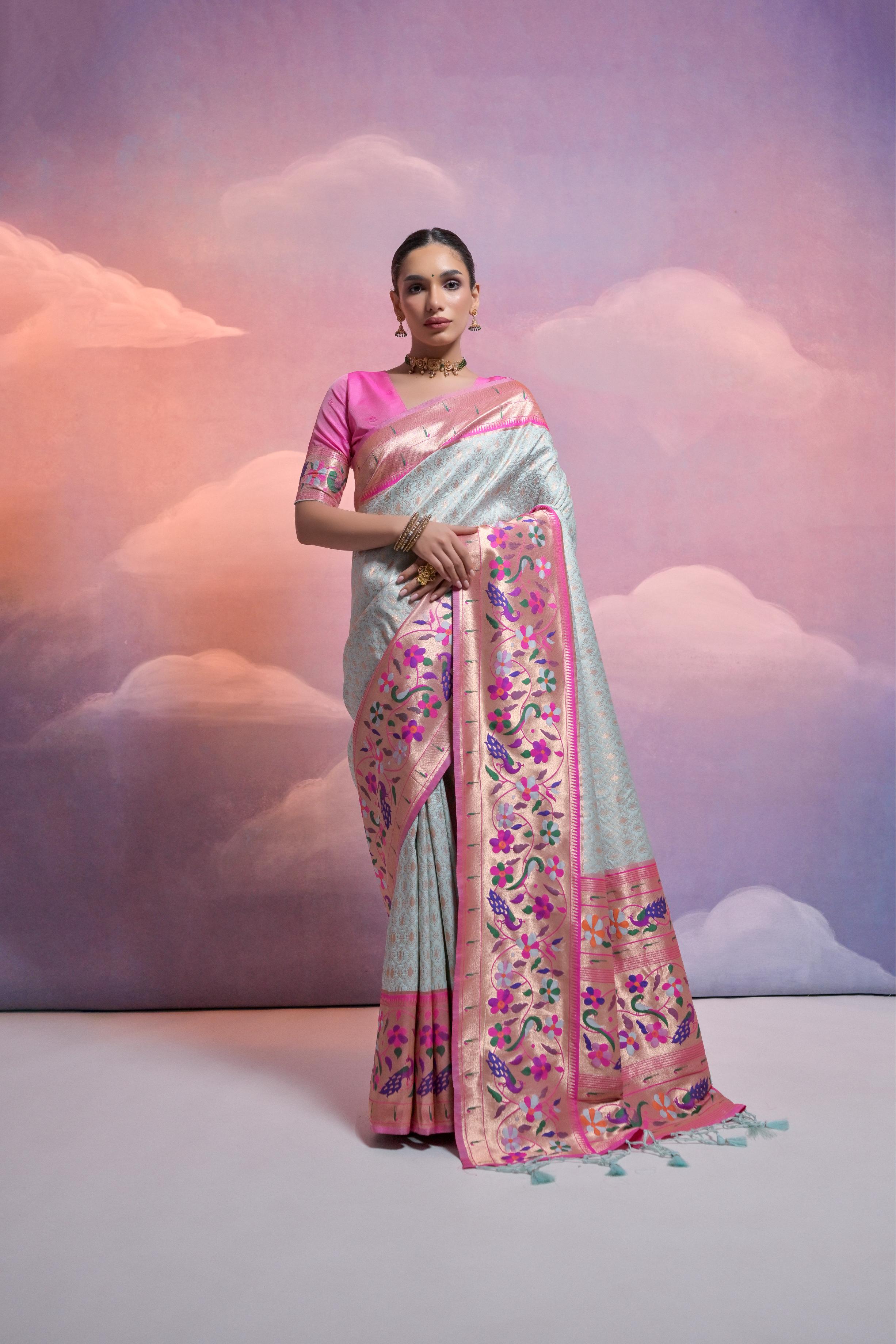 Sea Green Paithani style Banarasi silk saree with detailed gold zari weaving