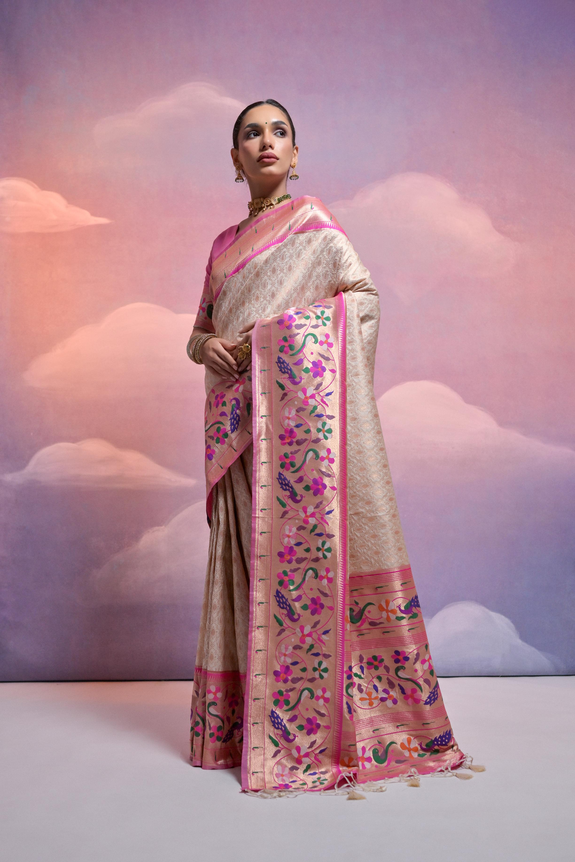 Off White Paithani Silk Saree with Zari Woven Border