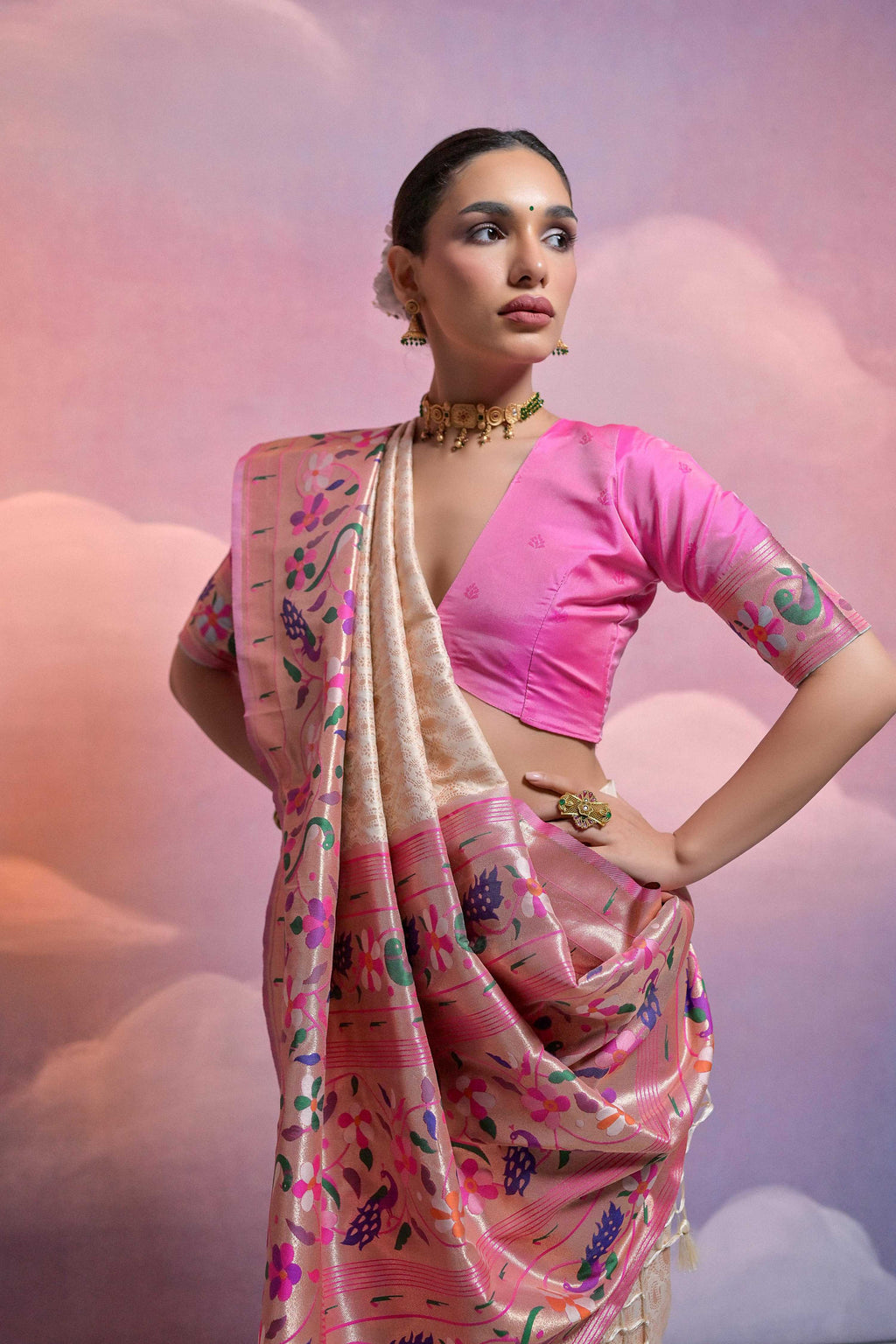 Off White Paithani Silk Saree with Zari Woven Border