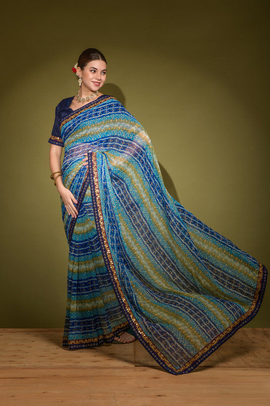 Blue Foil Print Georgette Saree with Sequence Work and Blouse