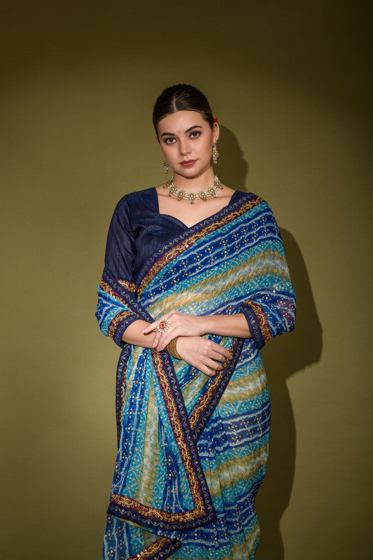 Blue Foil Print Georgette Saree with Sequence Work and Blouse