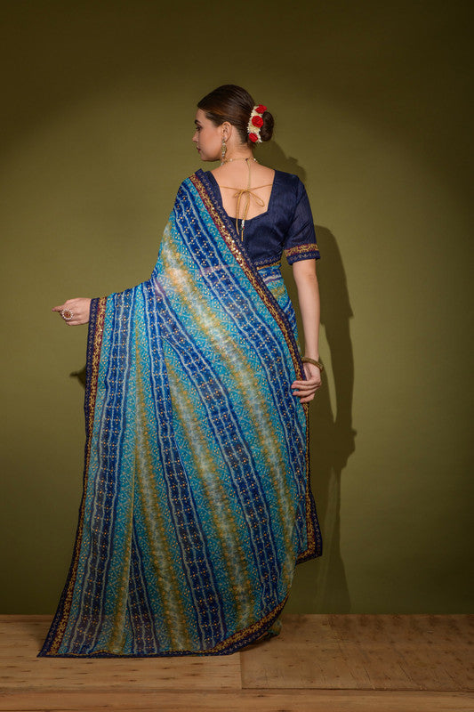 Blue Foil Print Georgette Saree with Sequence Work and Blouse