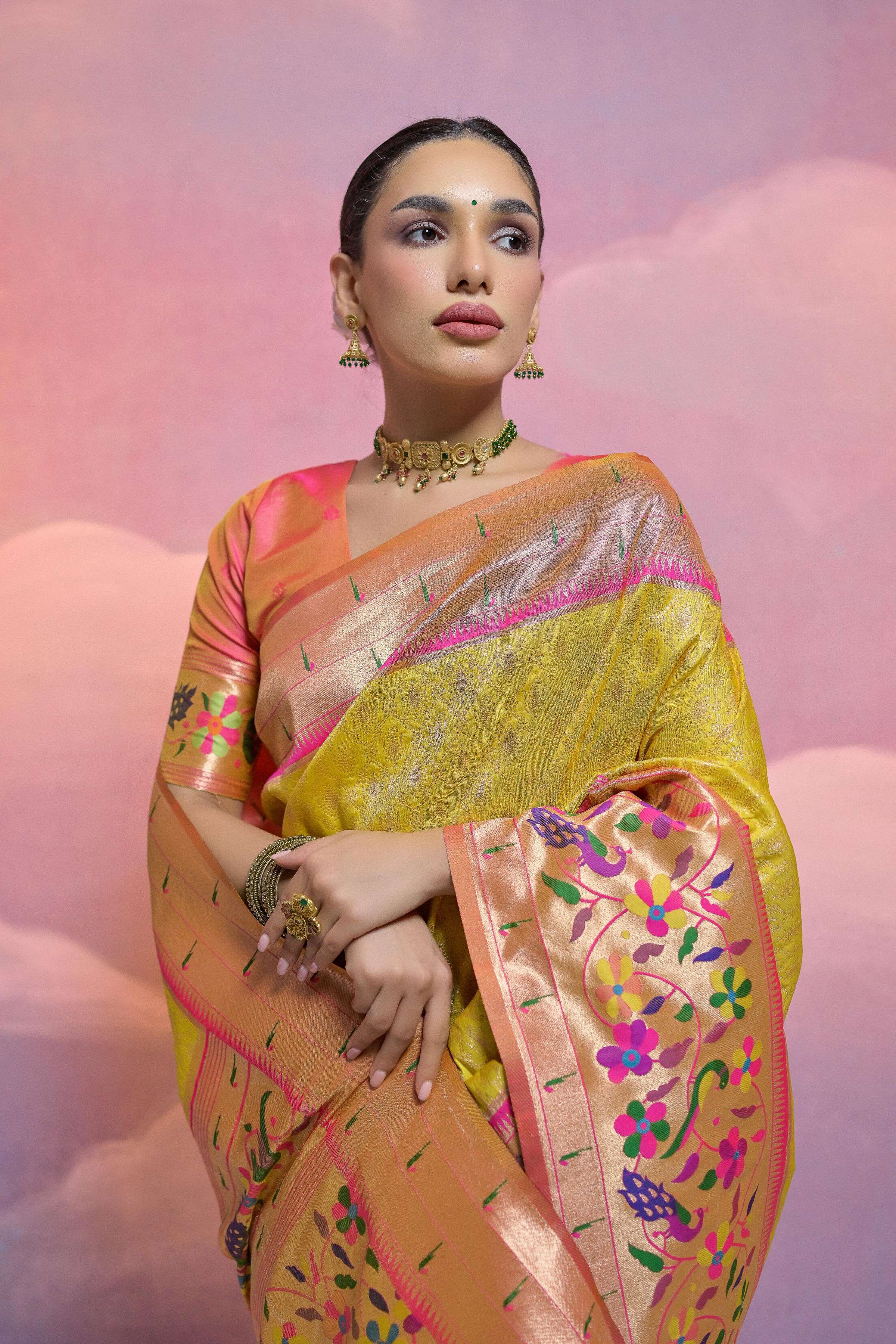 Yellow Paithani Silk Saree with Traditional Kanjivaram Zari Work