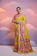 Yellow Banarasi silk Paithani saree with elaborate Kanjivaram Zari weaving