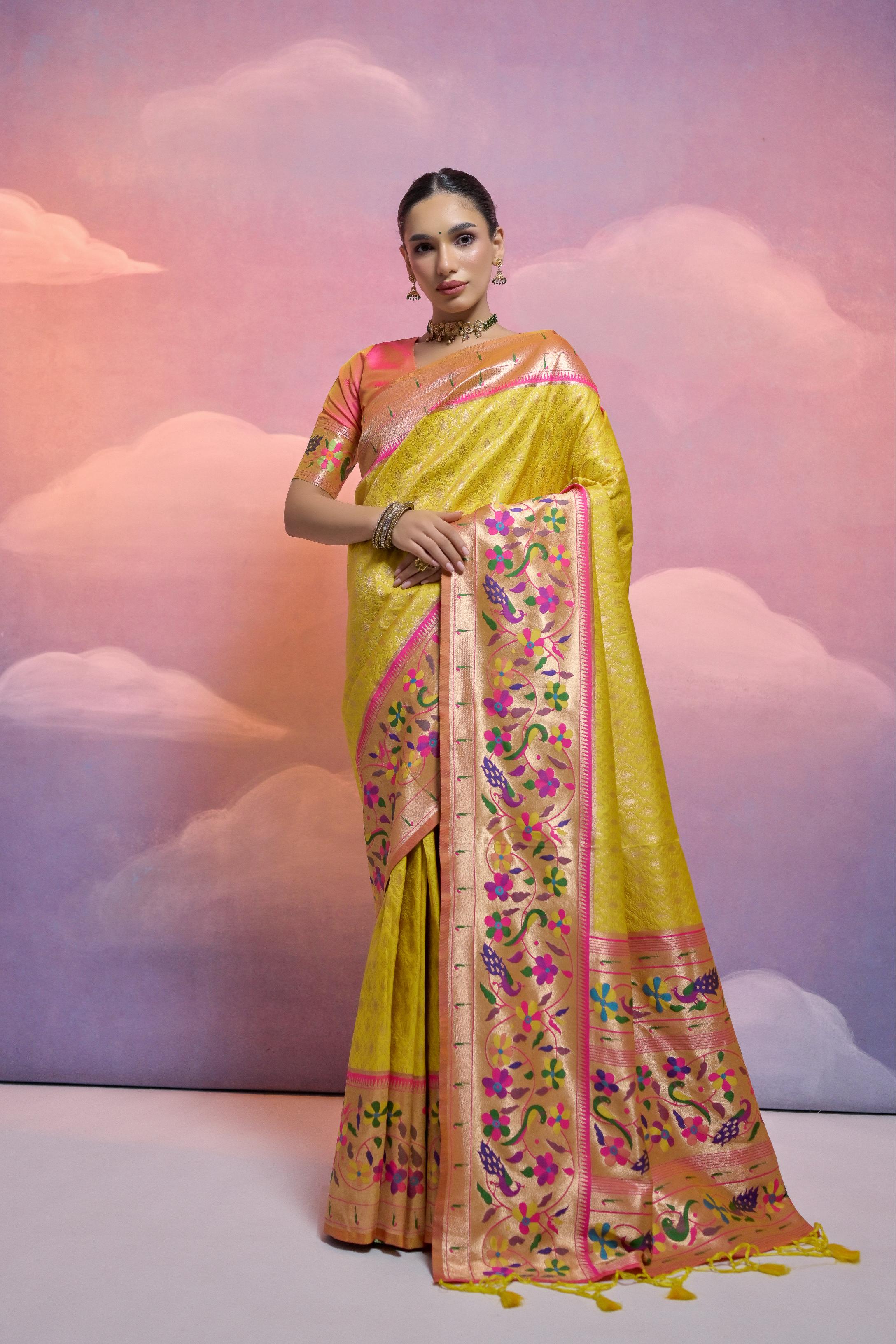 Yellow Banarasi silk Paithani saree with elaborate Kanjivaram Zari weaving
