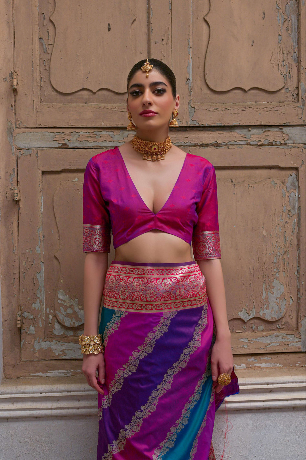 Multicolor Banarasi Silk Zari Woven Saree with Blouse