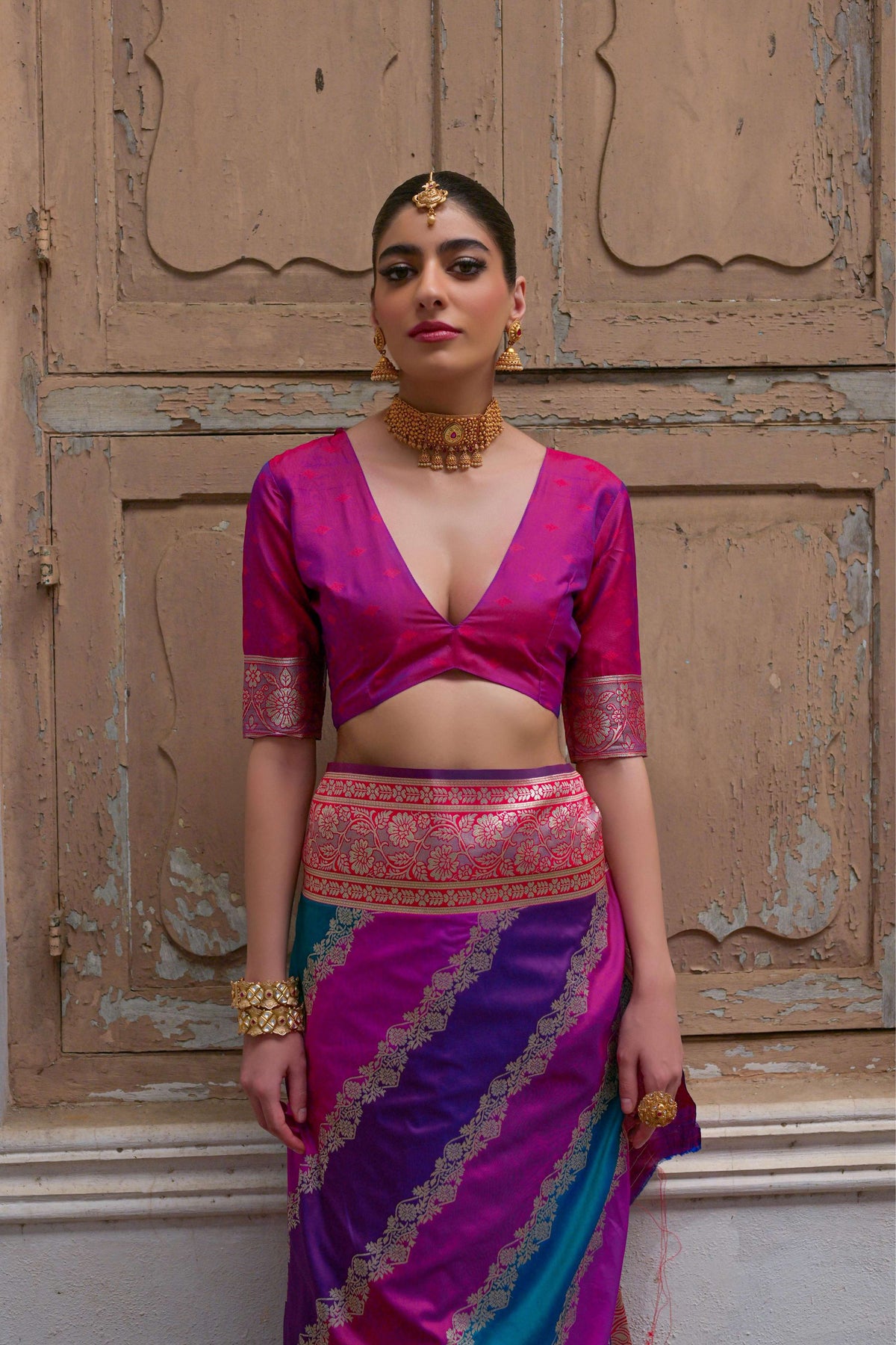 Multicolor Banarasi Silk Zari Woven Saree with Blouse