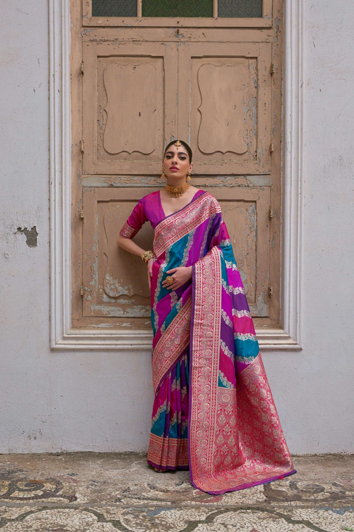 Multicolor Banarasi silk saree with traditional Zari woven detailing