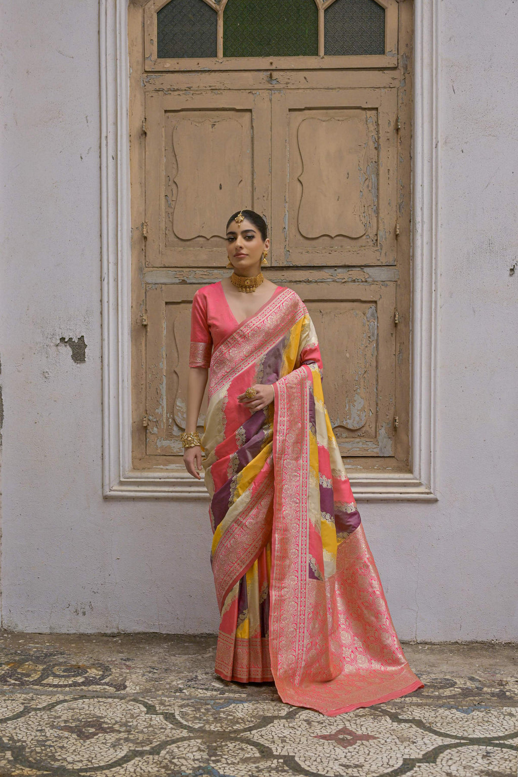 Multicolor Banarasi silk saree with traditional Kadwa zari weaving