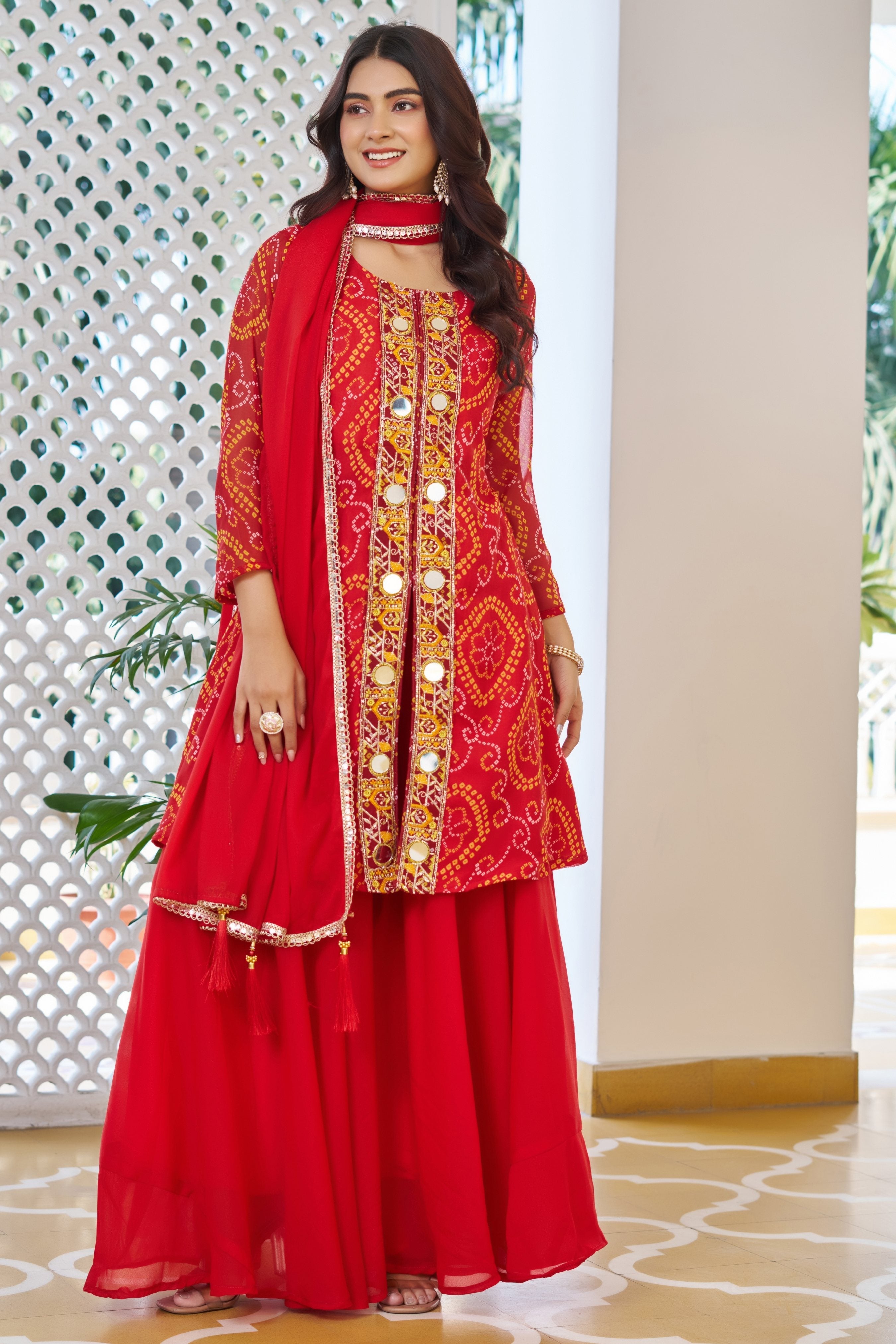 Red Faux Georgette Embroidered Designer Kurta Set with Dupatta