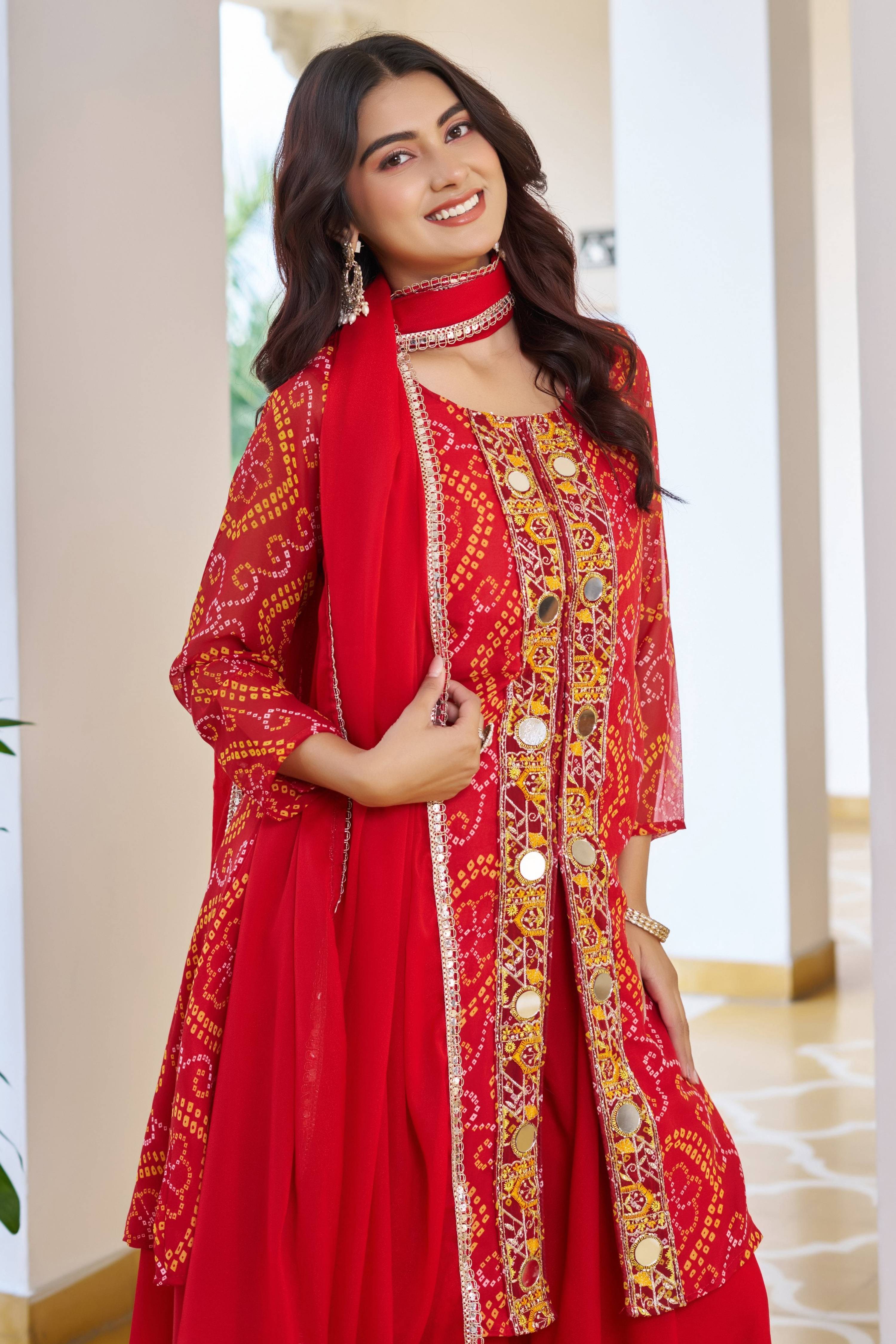 Red Faux Georgette Embroidered Designer Kurta Set with Dupatta