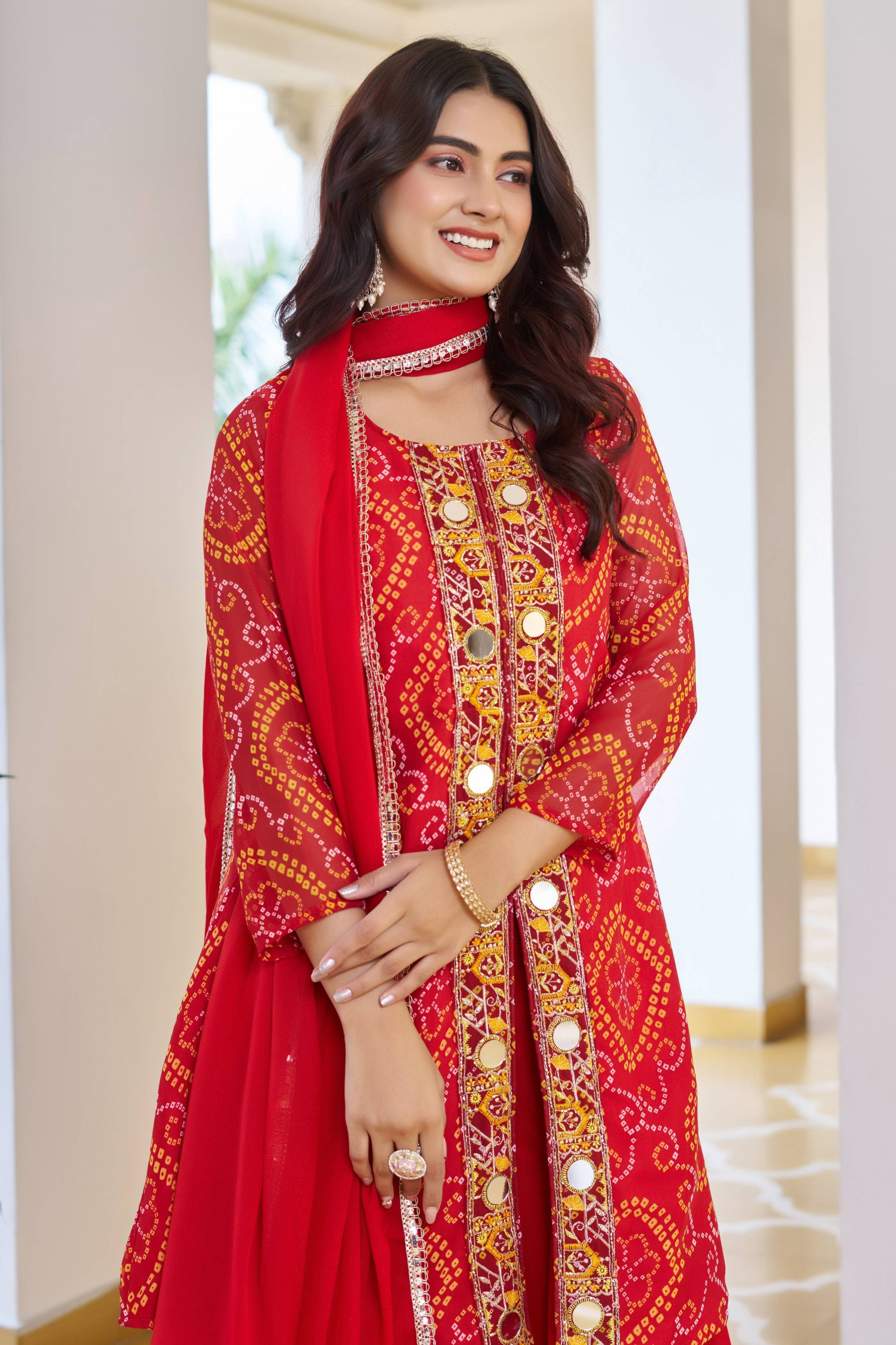 Red Faux Georgette Embroidered Designer Kurta Set with Dupatta