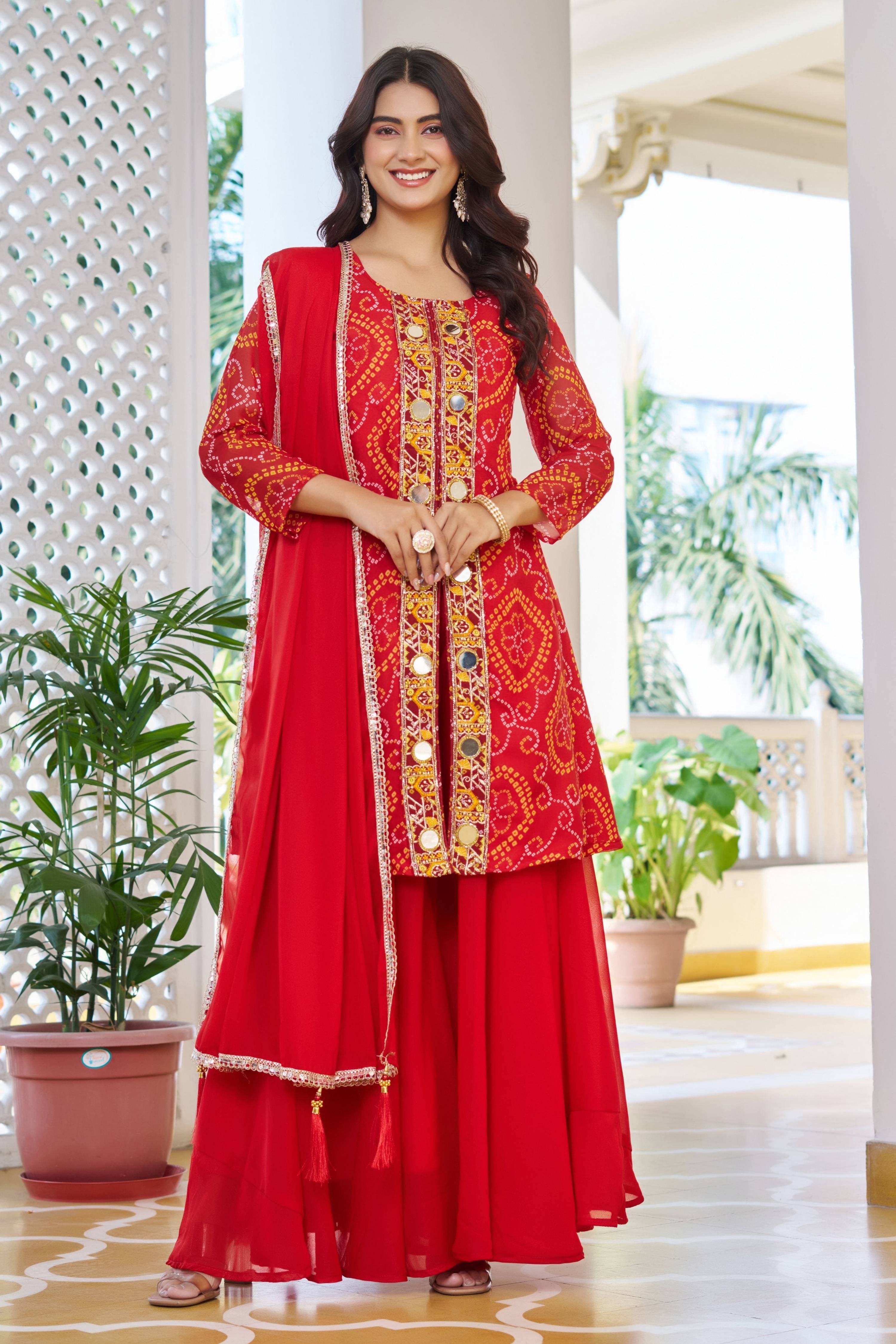 Red Faux Georgette straight kurta with mirror and thread bead embroidery, paired with a matching dupatta.