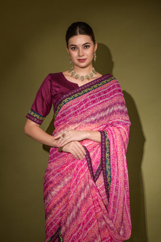 Jyoti Fashion Women's Pink Foil Print with Sequence Georgette Saree with Blouse