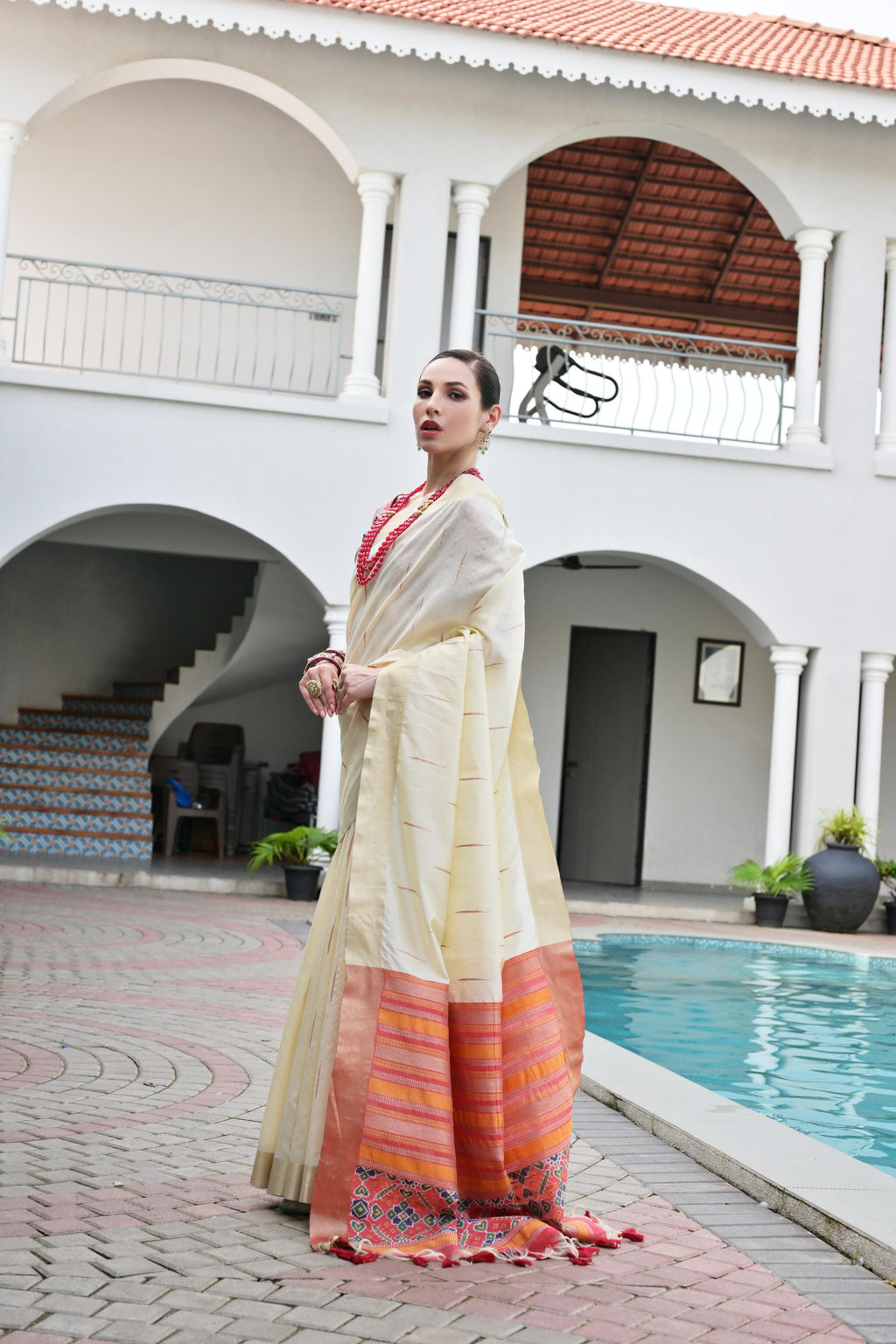Off White Khadi Raw Silk Patola Saree with Meena Weaving