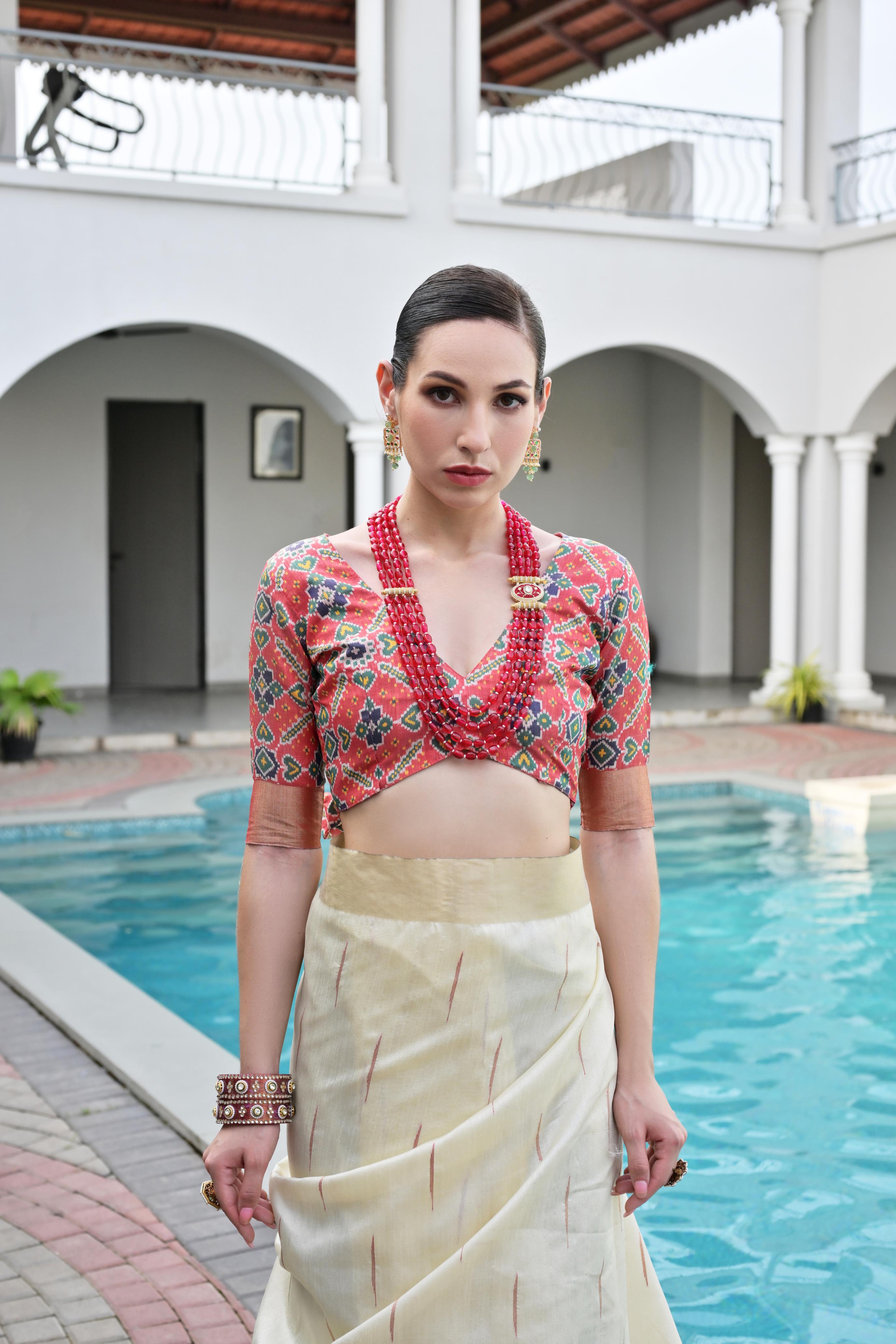 Off White Khadi Raw Silk Patola Saree with Meena Weaving