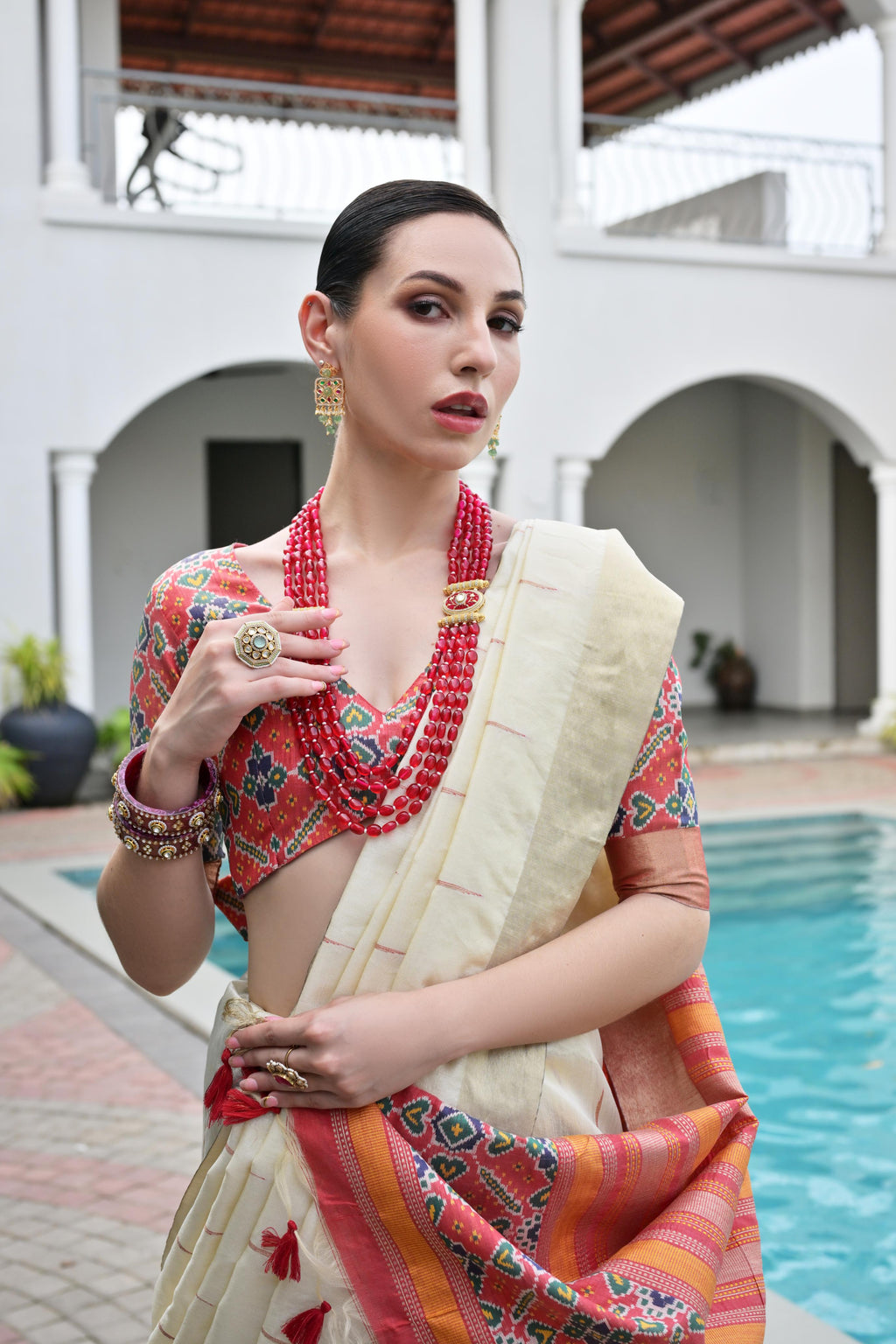 Off White Khadi Raw Silk Patola Saree with Meena Weaving