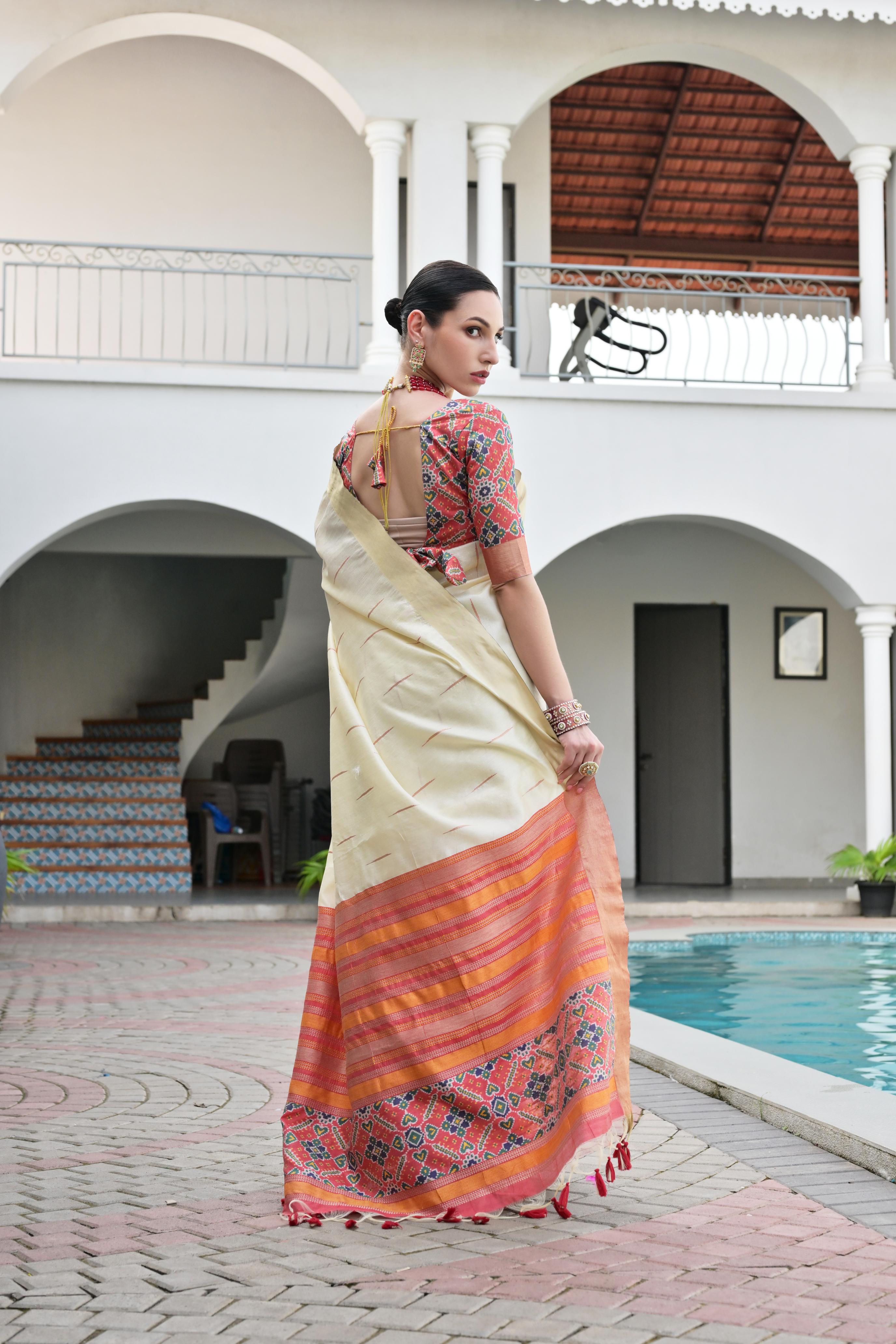 Off White Khadi Raw Silk Patola Saree with Meena Weaving