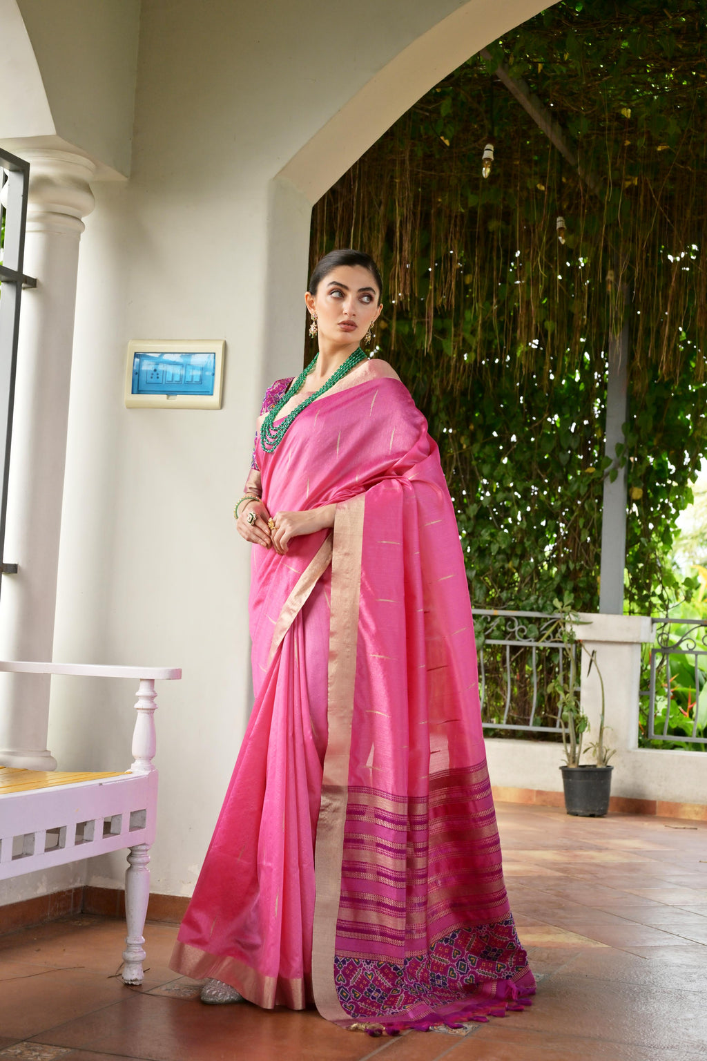 Pink Khadi Raw Silk Patola Saree with Meena Weaving and Blouse