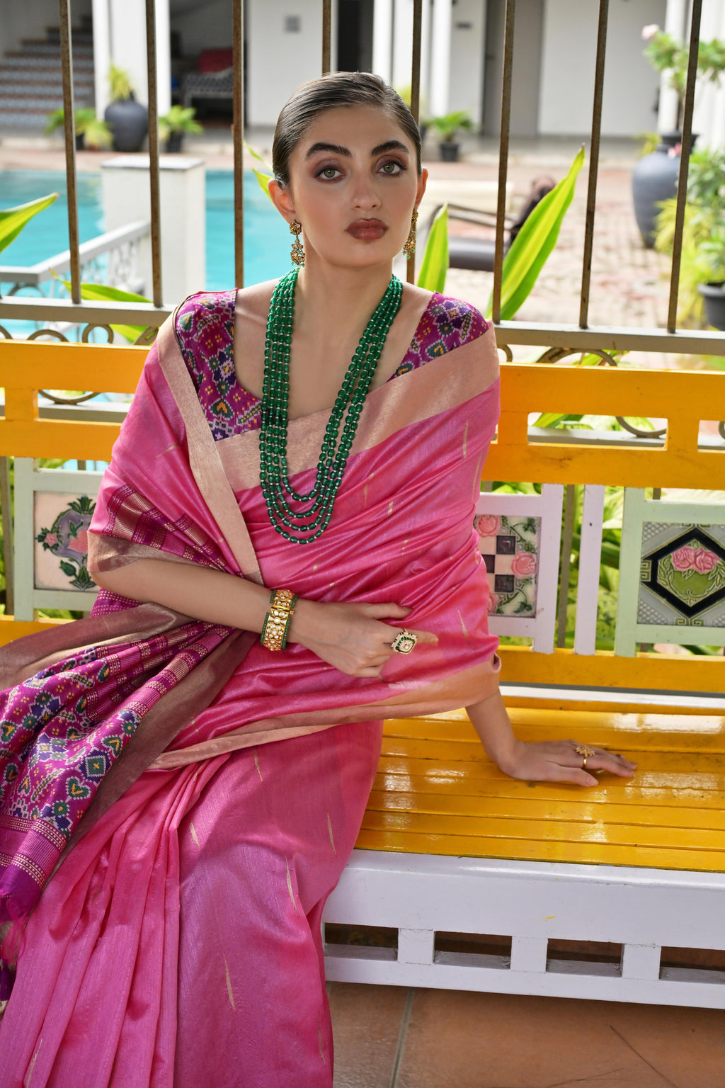 Pink Khadi Raw Silk Patola Saree with Meena Weaving and Blouse