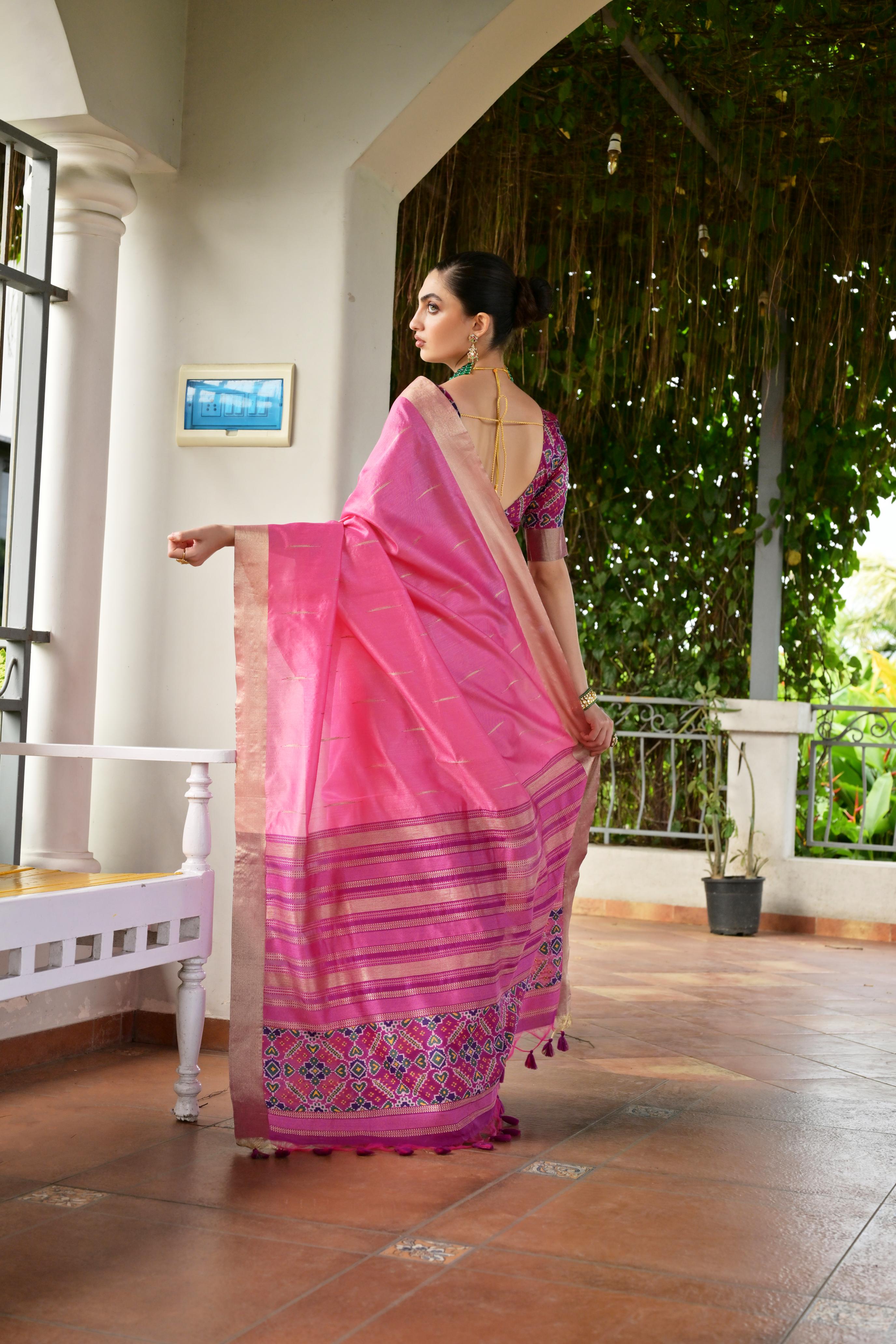 Pink Khadi Raw Silk Patola Saree with Meena Weaving and Blouse