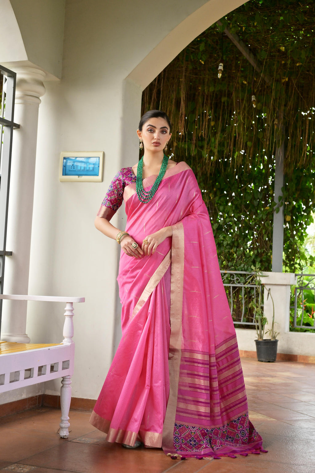 Pink Khadi Raw Silk Patola Saree with intricate Meena weaving and unstitched blouse piece