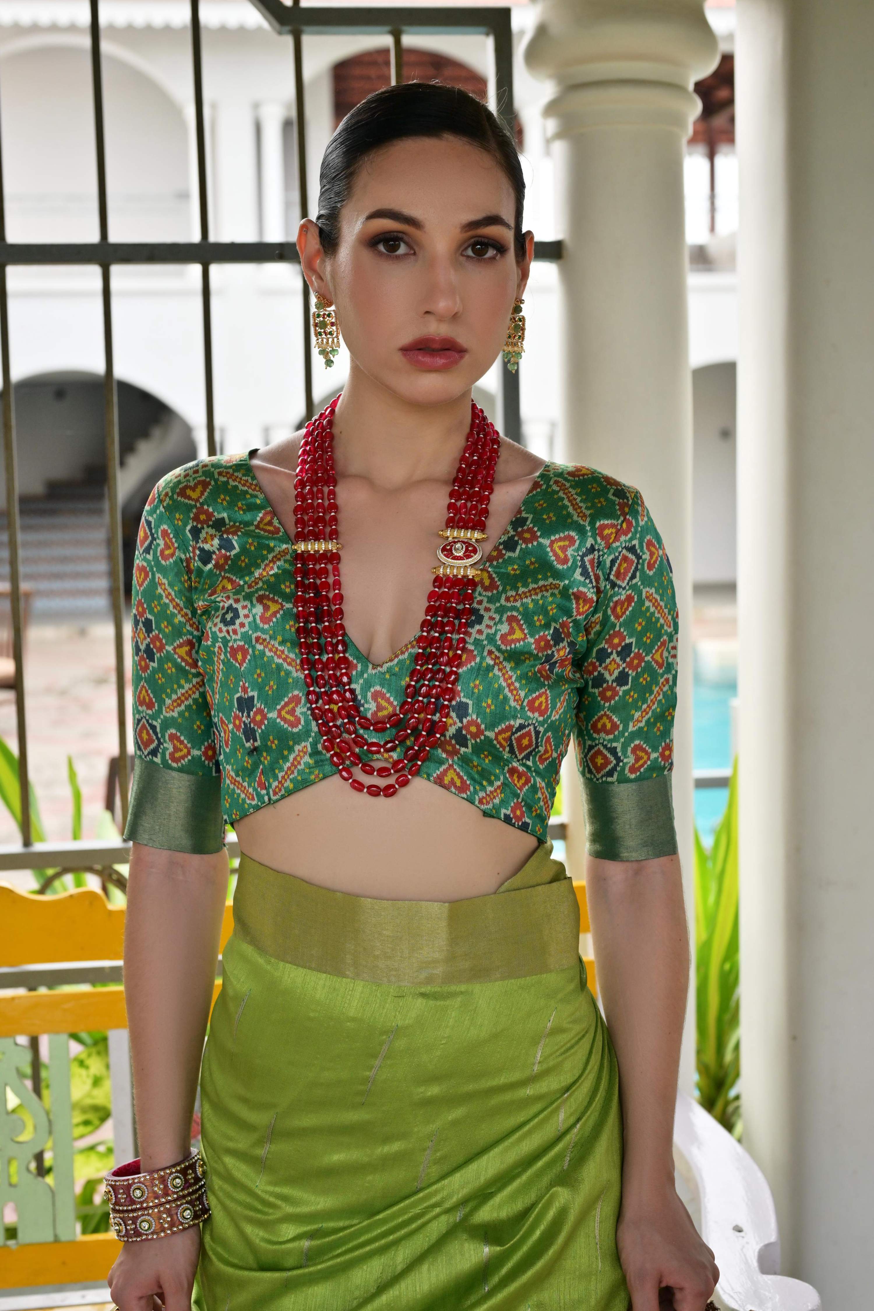 Green Khadi Raw Silk Meena Weaving Patola Saree with Blouse