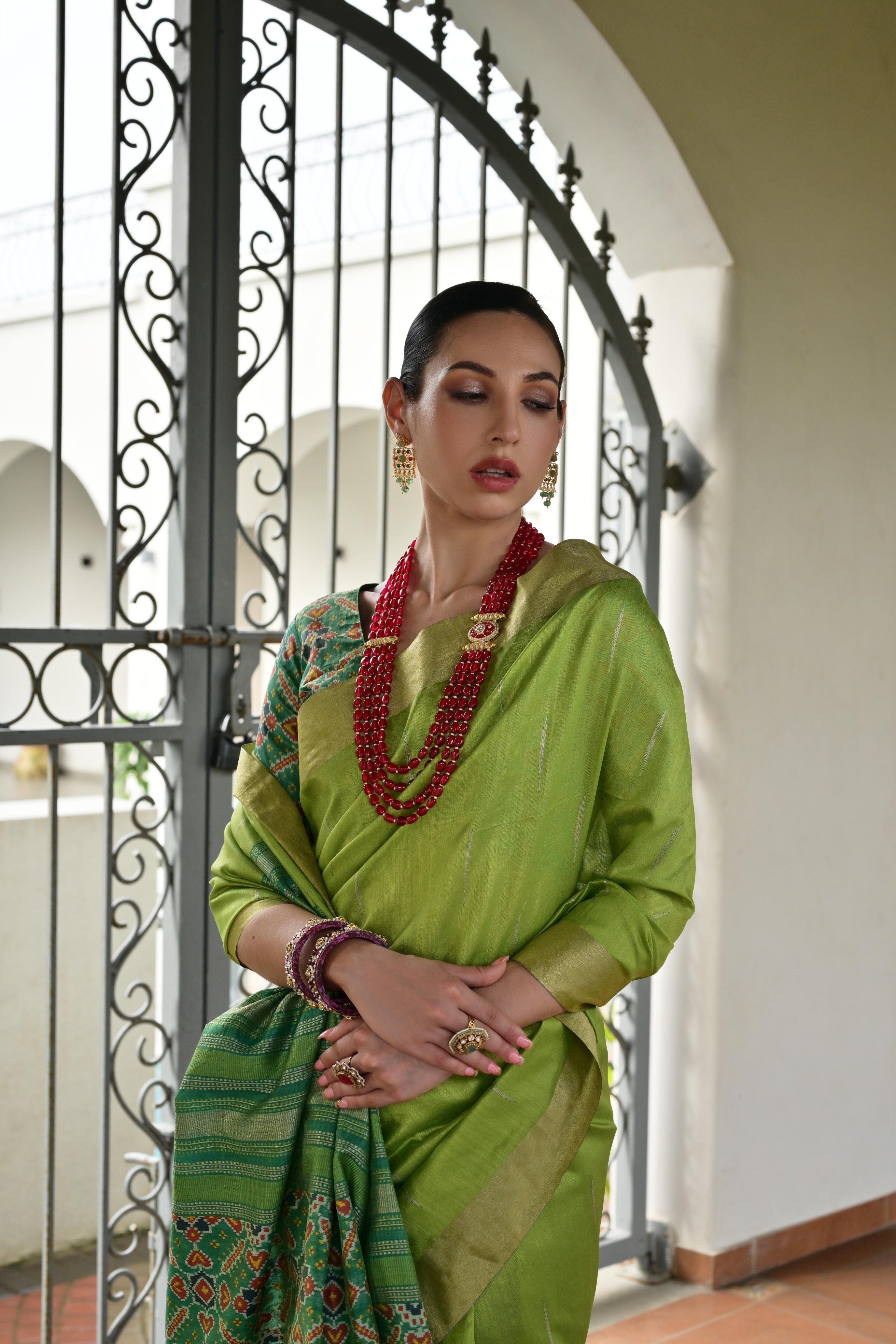 Green Khadi Raw Silk Meena Weaving Patola Saree with Blouse
