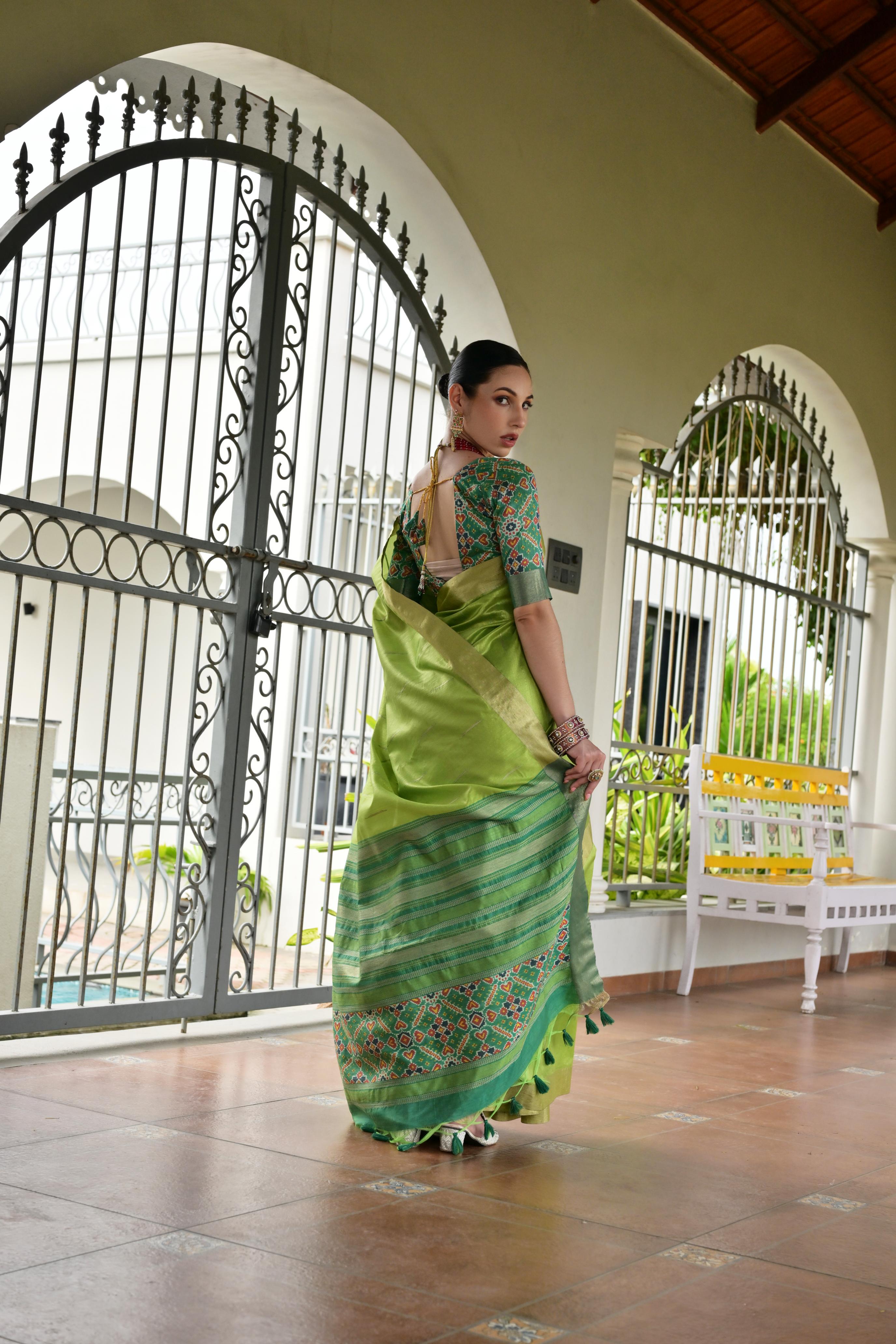 Green Khadi Raw Silk Meena Weaving Patola Saree with Blouse