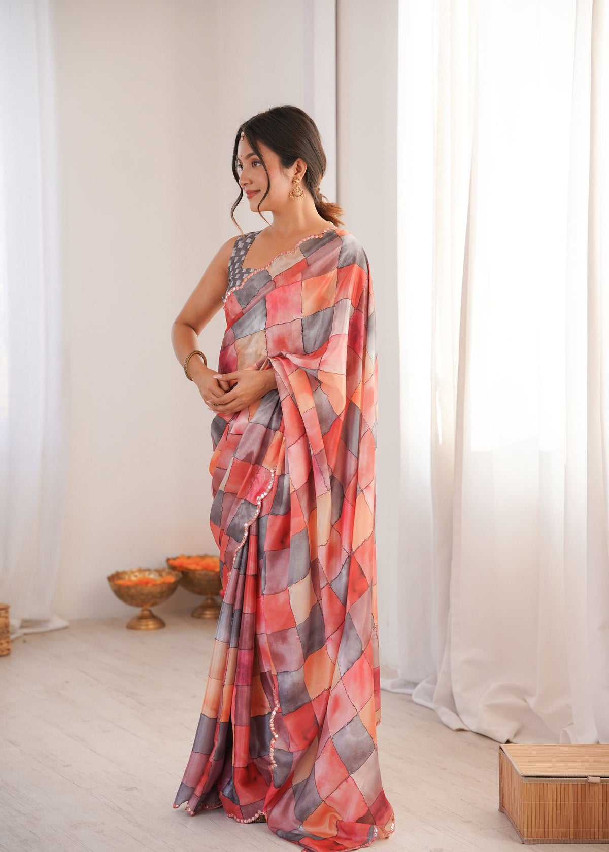 Multicolor Chinon Digital Printed Designer Saree with Mirror Lace