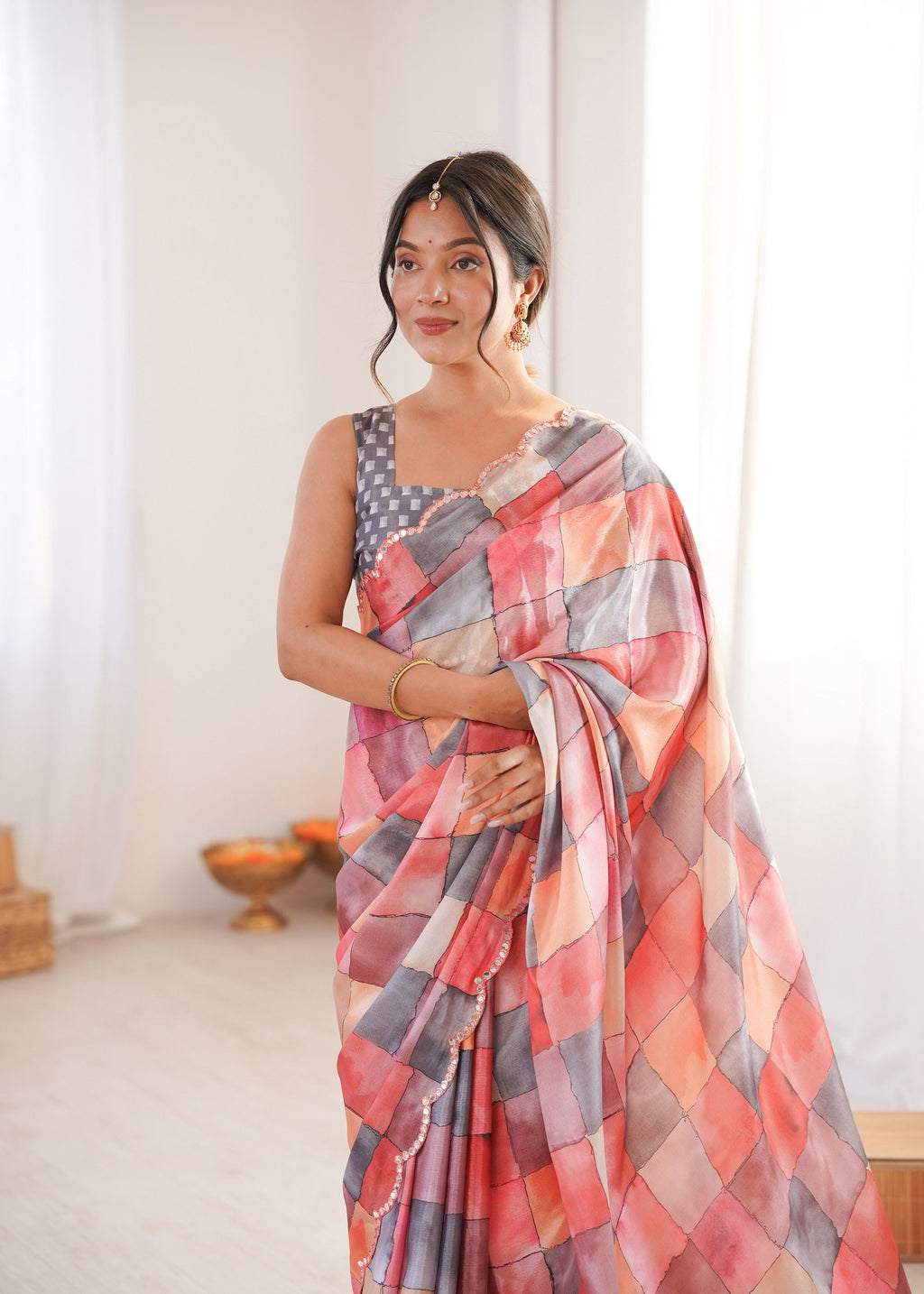 Multicolor Chinon Digital Printed Designer Saree with Mirror Lace