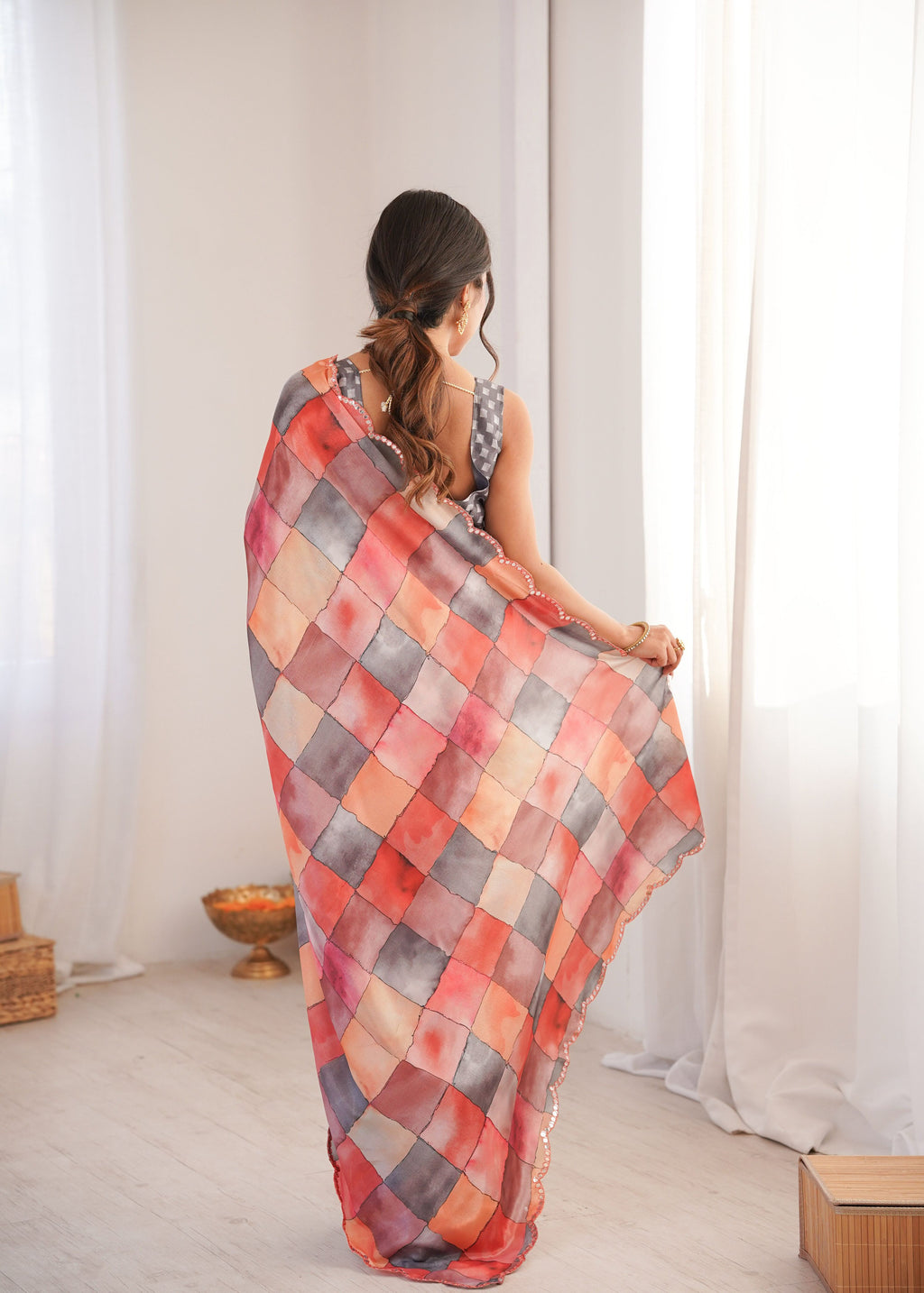 Multicolor Chinon Digital Printed Designer Saree with Mirror Lace