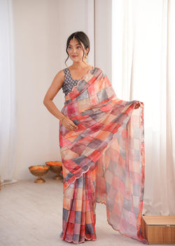Elegant multicolor Chinon saree with digital prints and mirror lace border detailing.