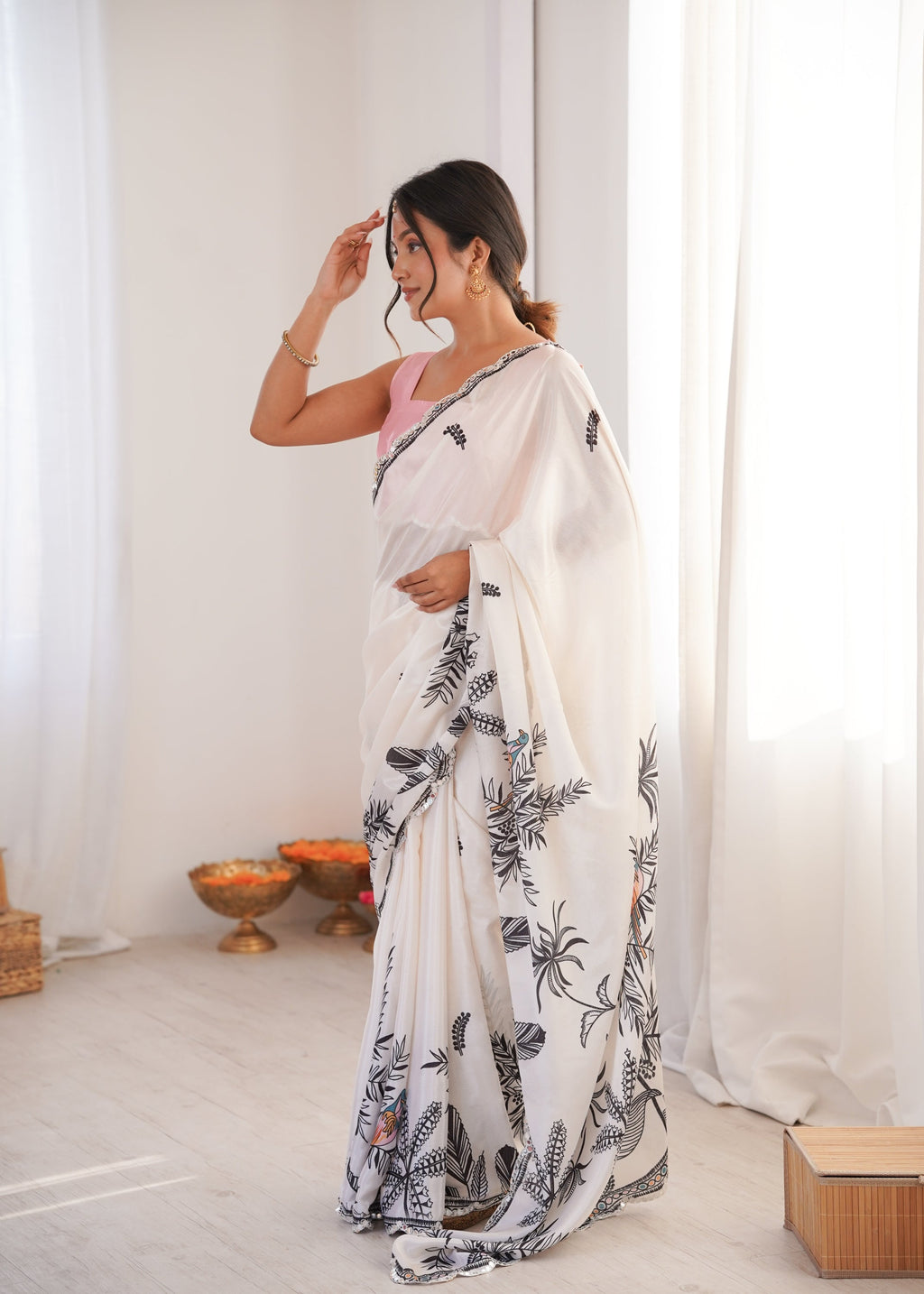 White Chinon Digital Printed Designer Saree with Mirror Lace